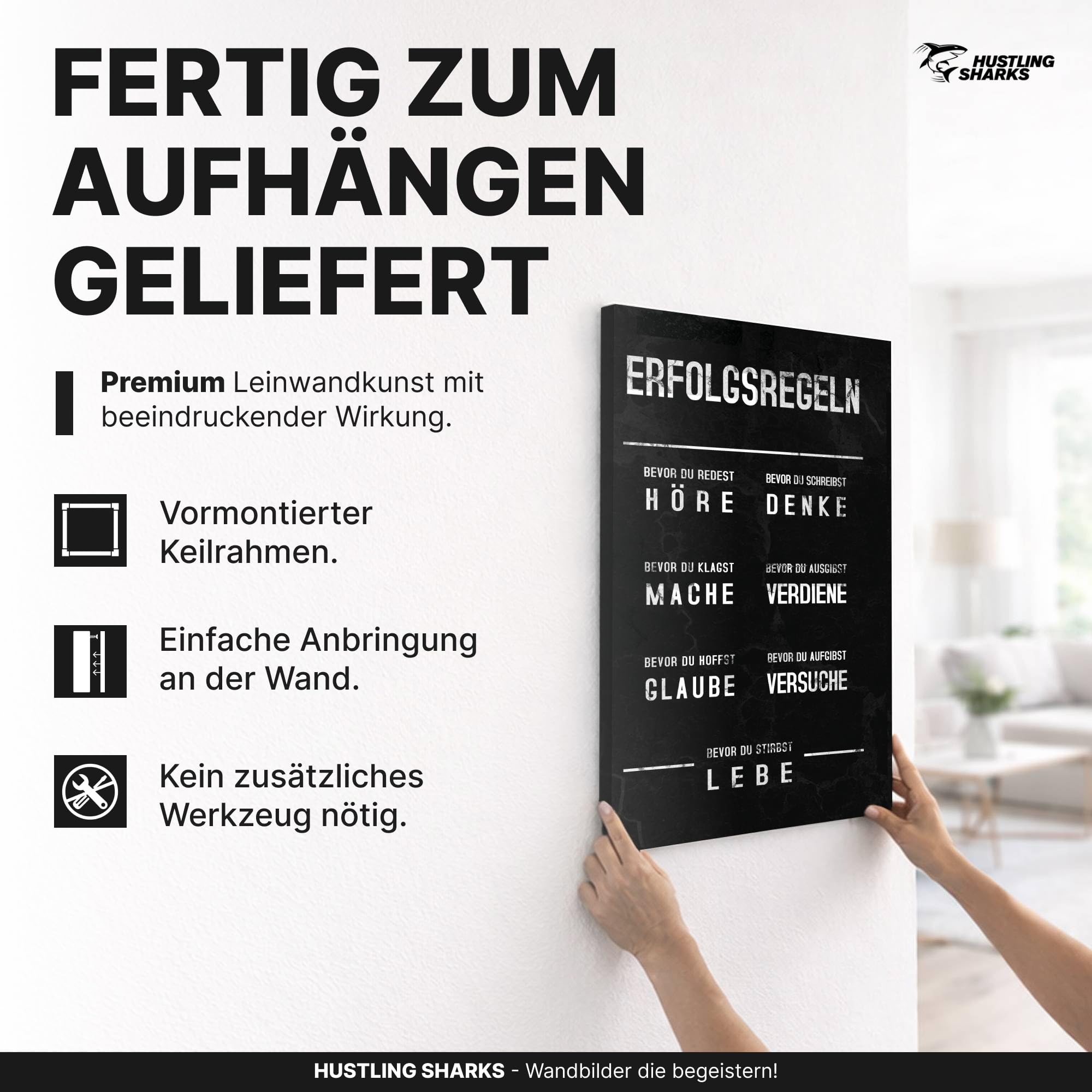 Hustling Sharks Wandbilder Erfolgsregeln Leinwand 30x40 schwarz