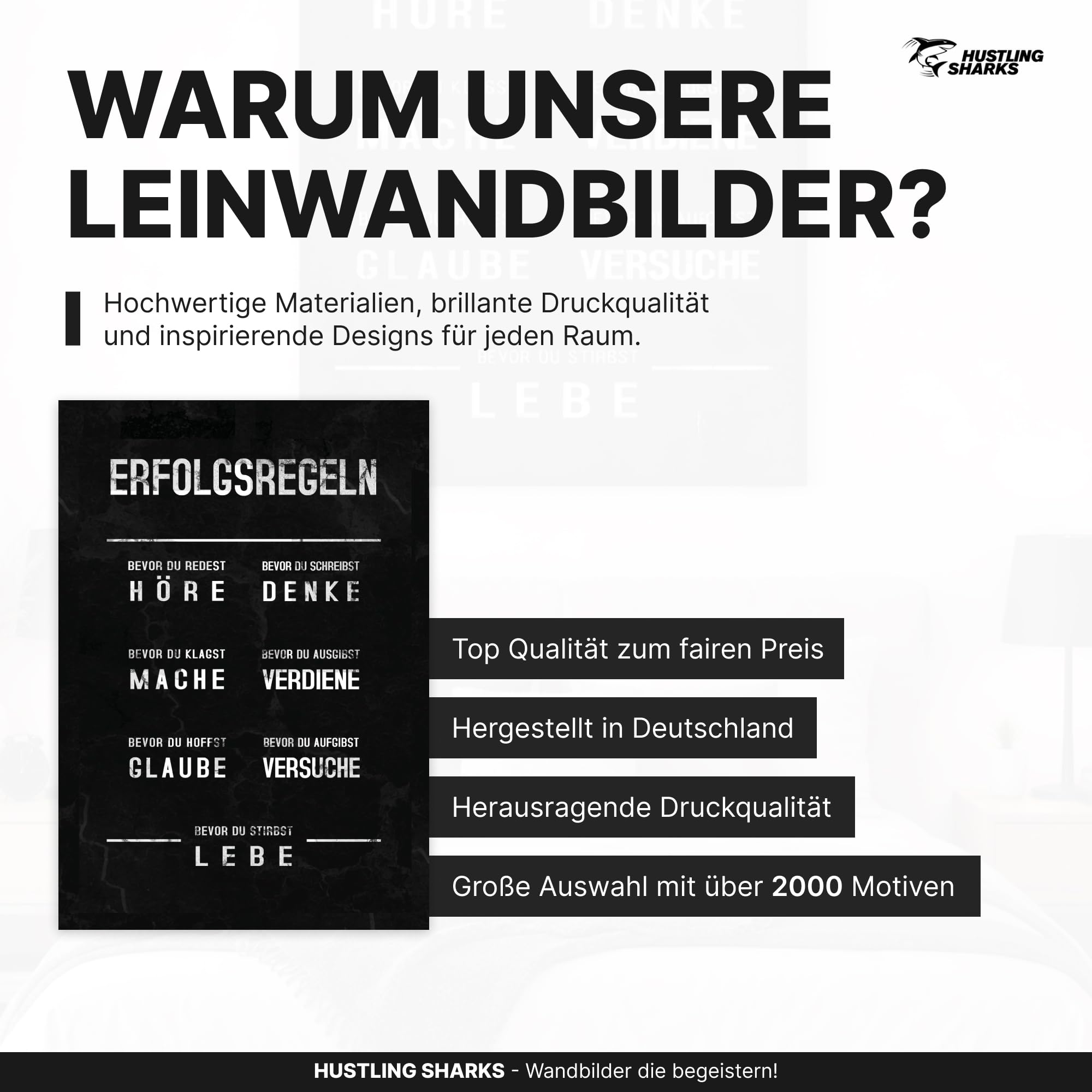 Hustling Sharks Wandbilder Erfolgsregeln Leinwand 30x40 schwarz