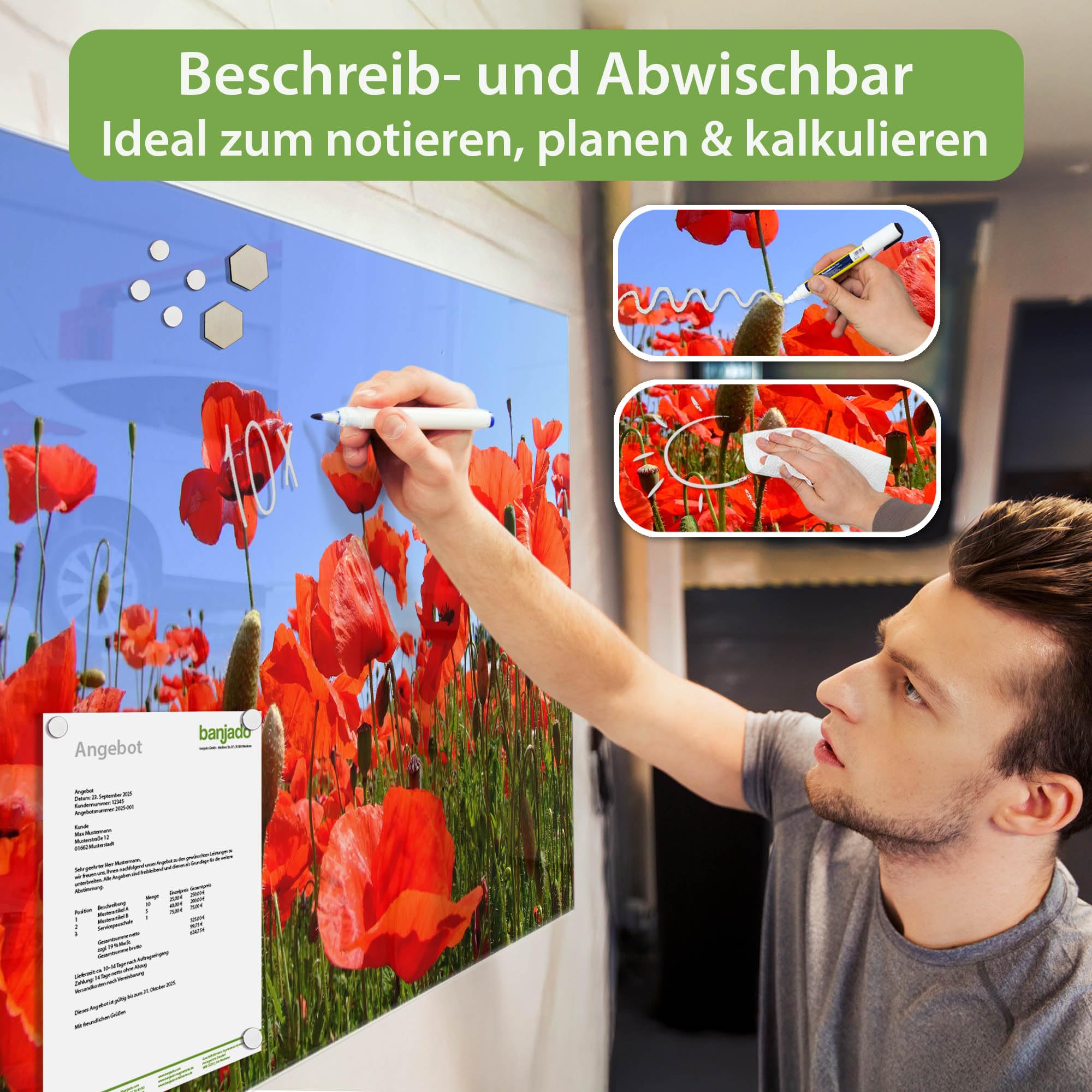 Banjado Magnettafel 120x80 Glasmagnettafel Mohnblumen Glas