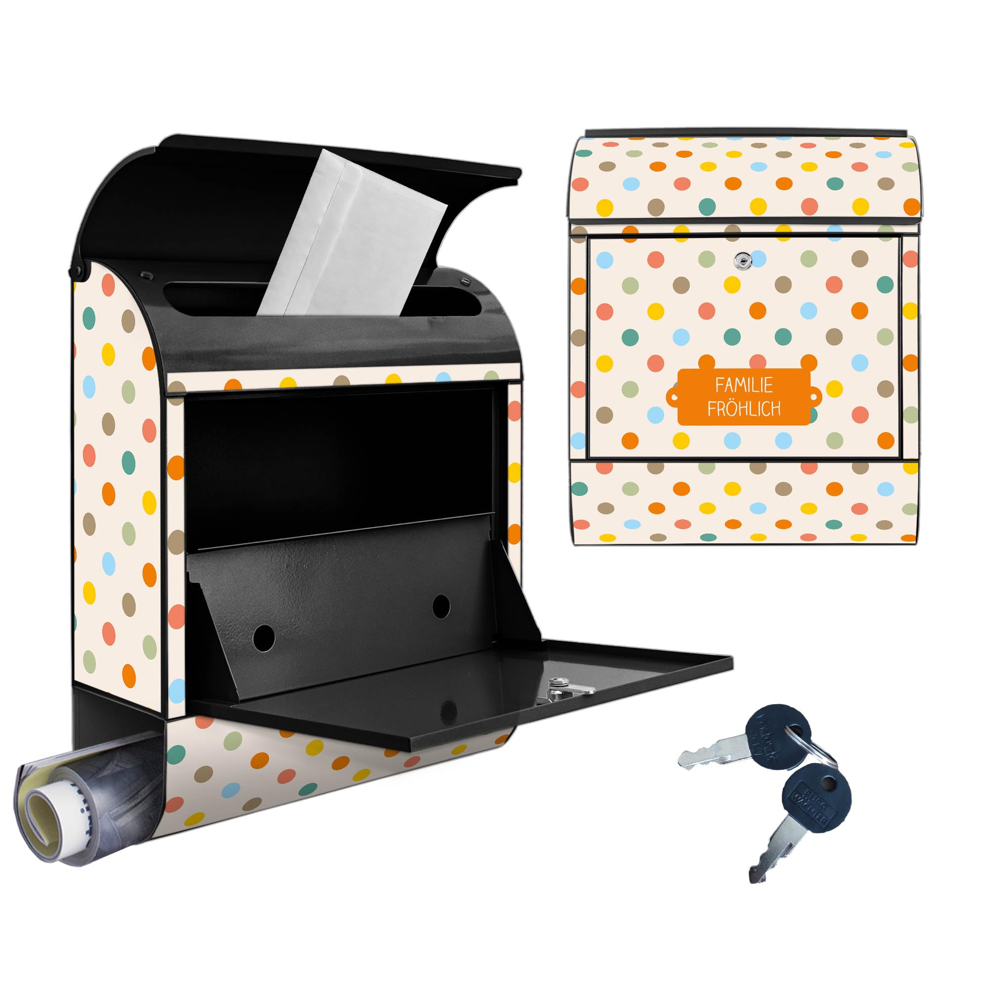 Banjado Briefkasten Bunte Punkte Postkasten Schwarz mit Name A4