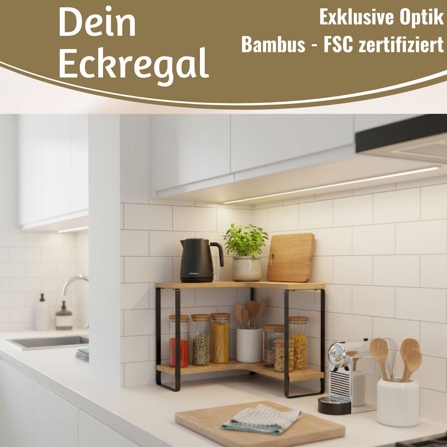 LS-LebenStil Küche Eckregal Holz 30x30cm 2 Ebenen Braun