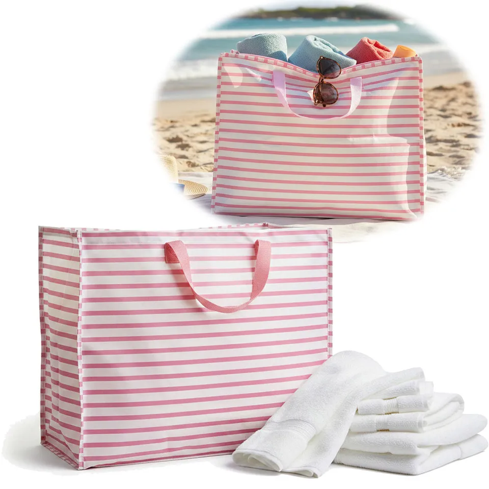LS-LebenStil Shopper Jumbo Bag XXL Rosa Weiß 55cm Streifen