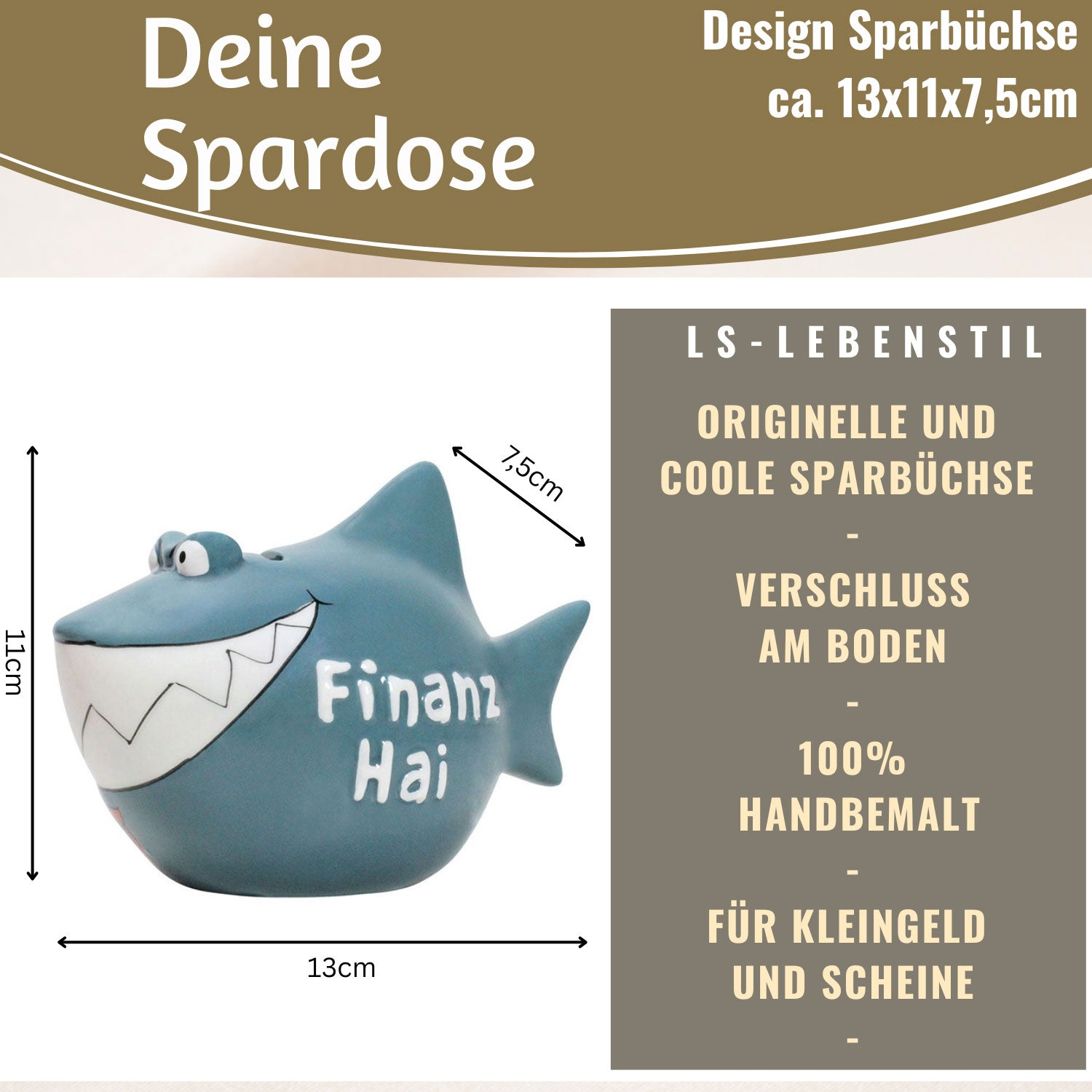LS-LebenStil Finanz-Hai Sparschwein Keramik blau-weiß 13cm