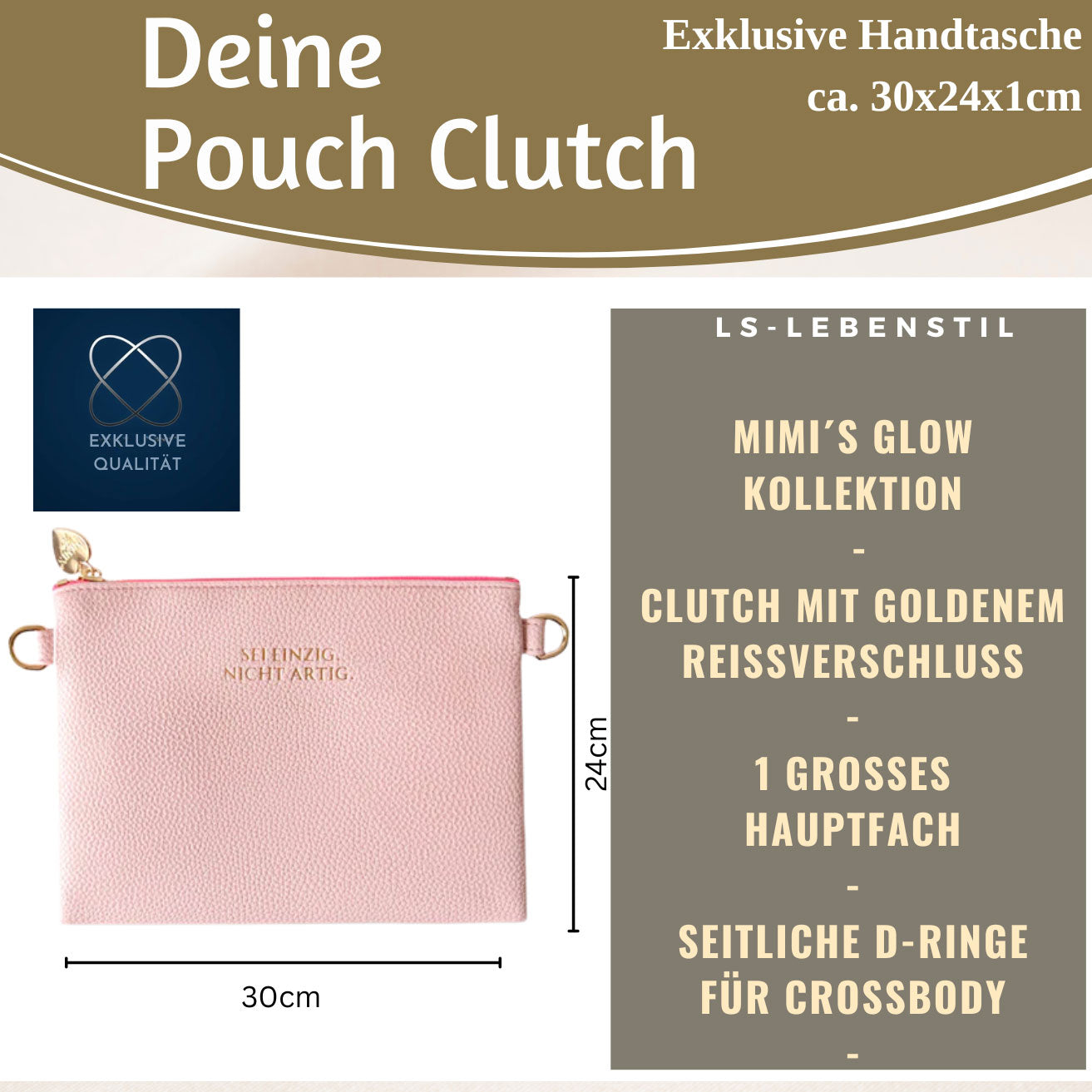 LS-LebenStil Stella Rosa XL Clutch 30cm Rosa PU-Leder Slogan