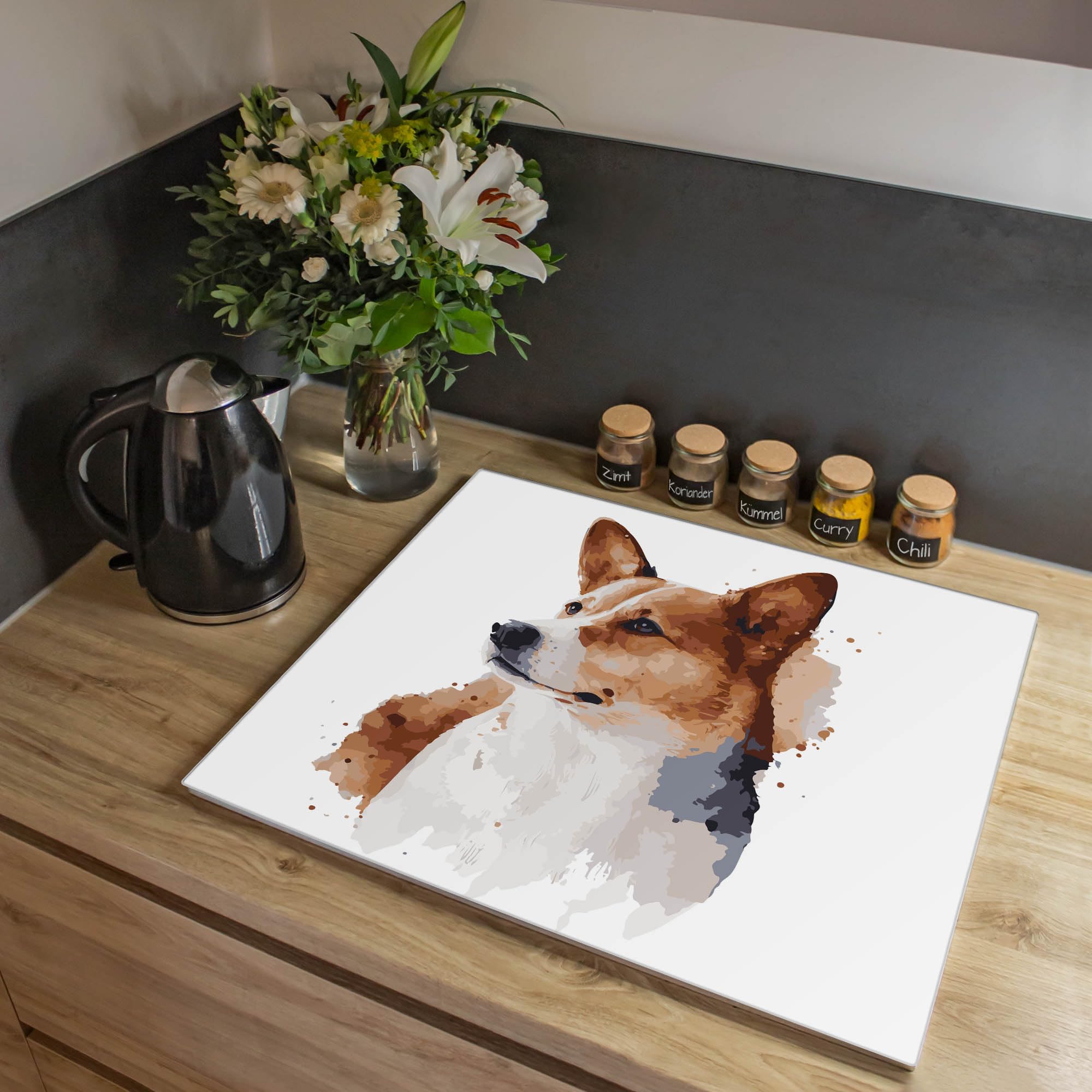 Banjado Herdabdeckplatte Corgi Porträt Schneidebrett 60x52cm