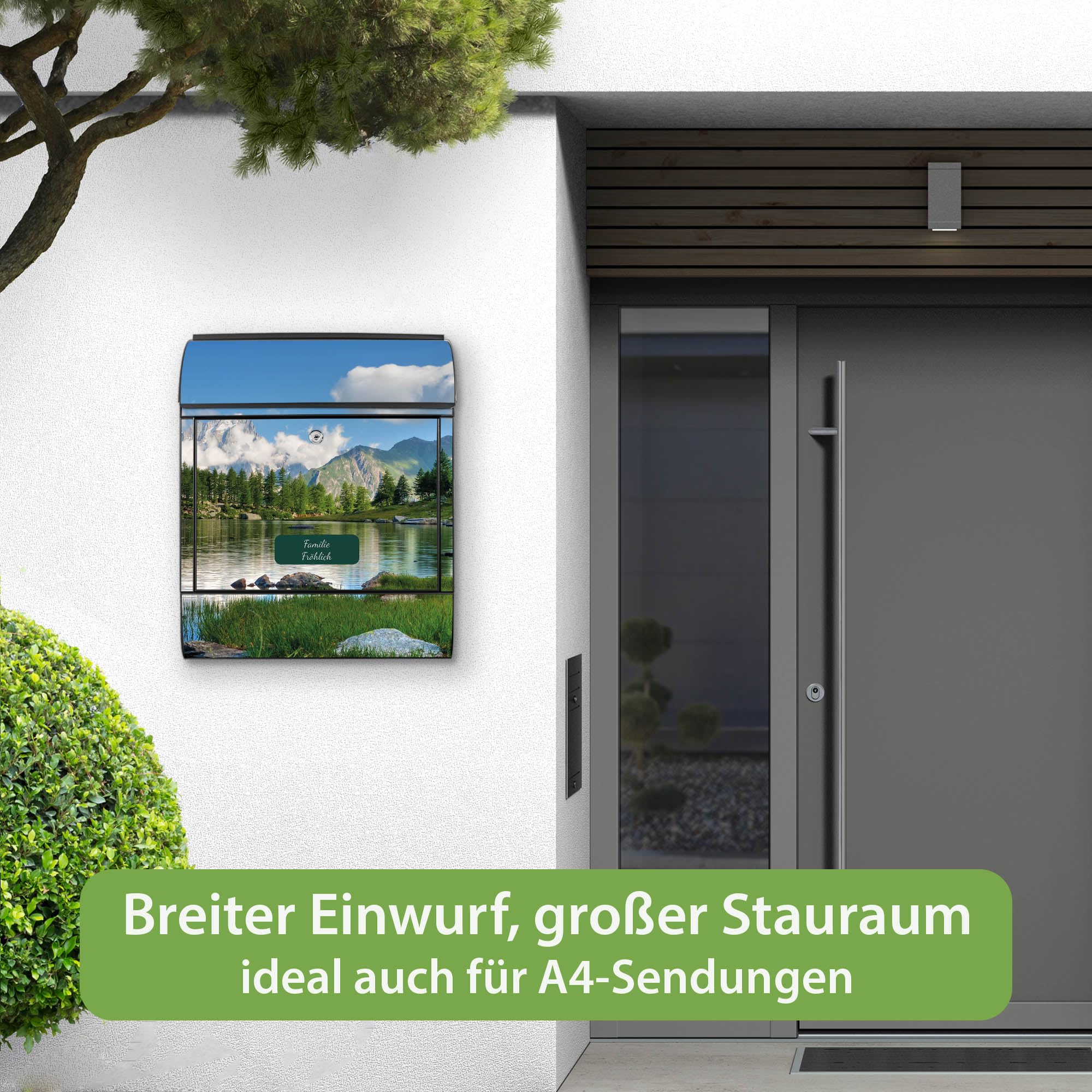 Banjado Briefkasten Gebirgssee Postkasten Schwarz mit Name A4