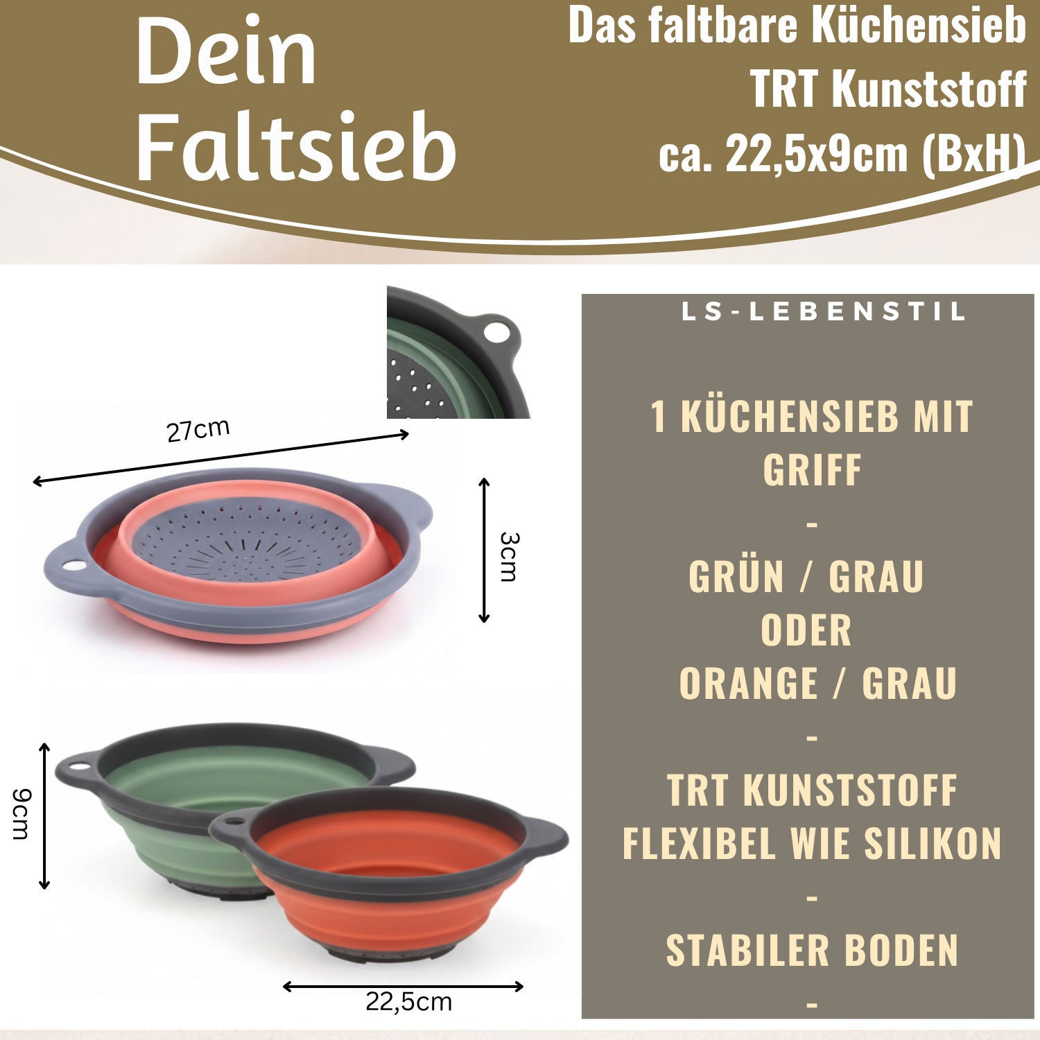 LS-LebenStil Abtropfsieb Faltbar 23cm Rund Nudelsieb Camping