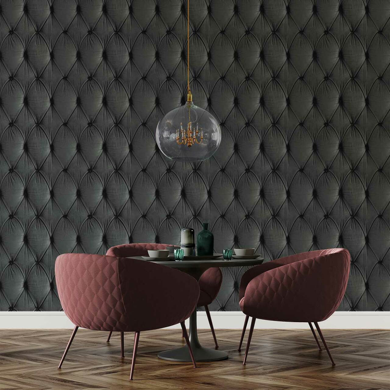 Mineheart Wallpaper Grey Chesterfield Tapete Leder grau