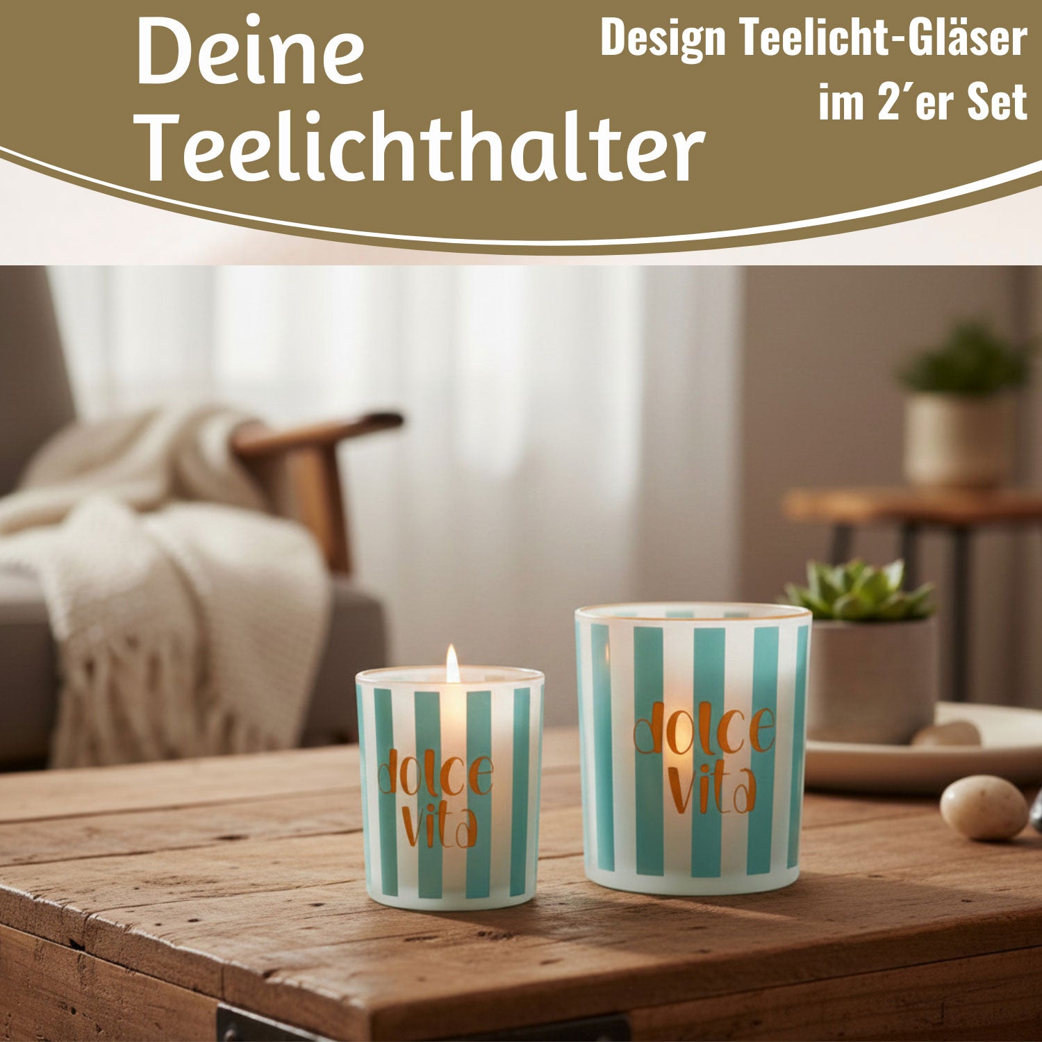 LS-LebenStil Dolce Vita Teelichthalter Glas 2er Türkis Gold