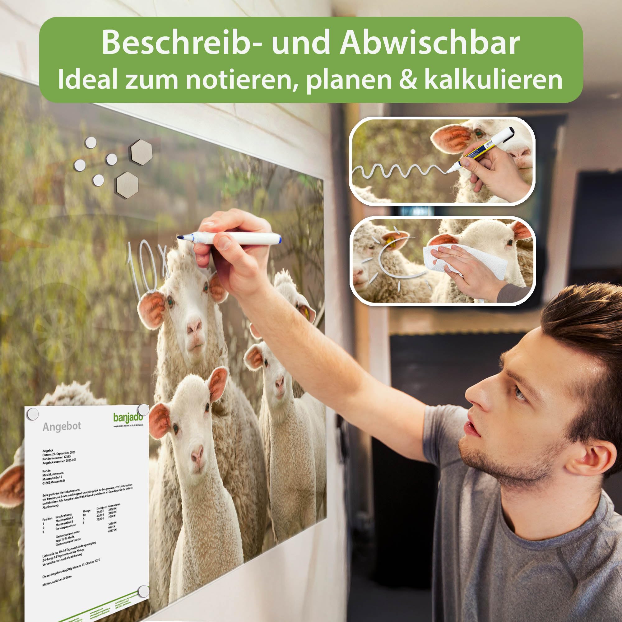 Banjado Magnettafel Schaffamilie Glas 120x80 cm Tiermotiv