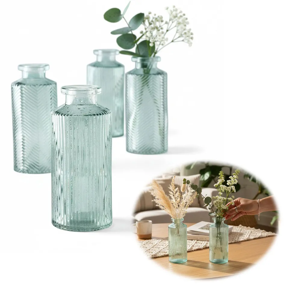 LS-LebenStil Retro Glas-Vasen 4er-Set salbei-grün 14cm