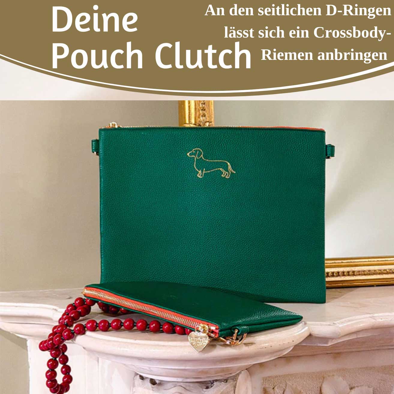 Mimi's Glow Stella Clutch Dackel XL 30cm Grün PU-Leder