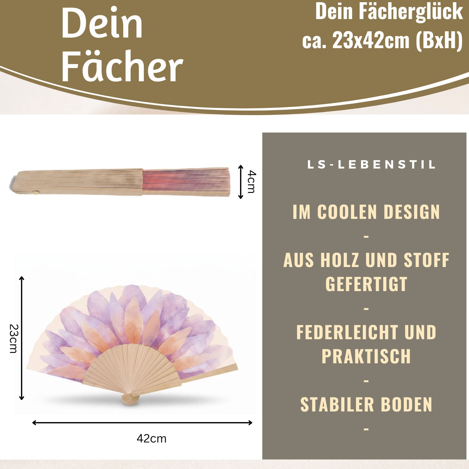 LS-LebenStil Shopper & Taschen Blume Fächer Holz Stoff Lila 23x42cm