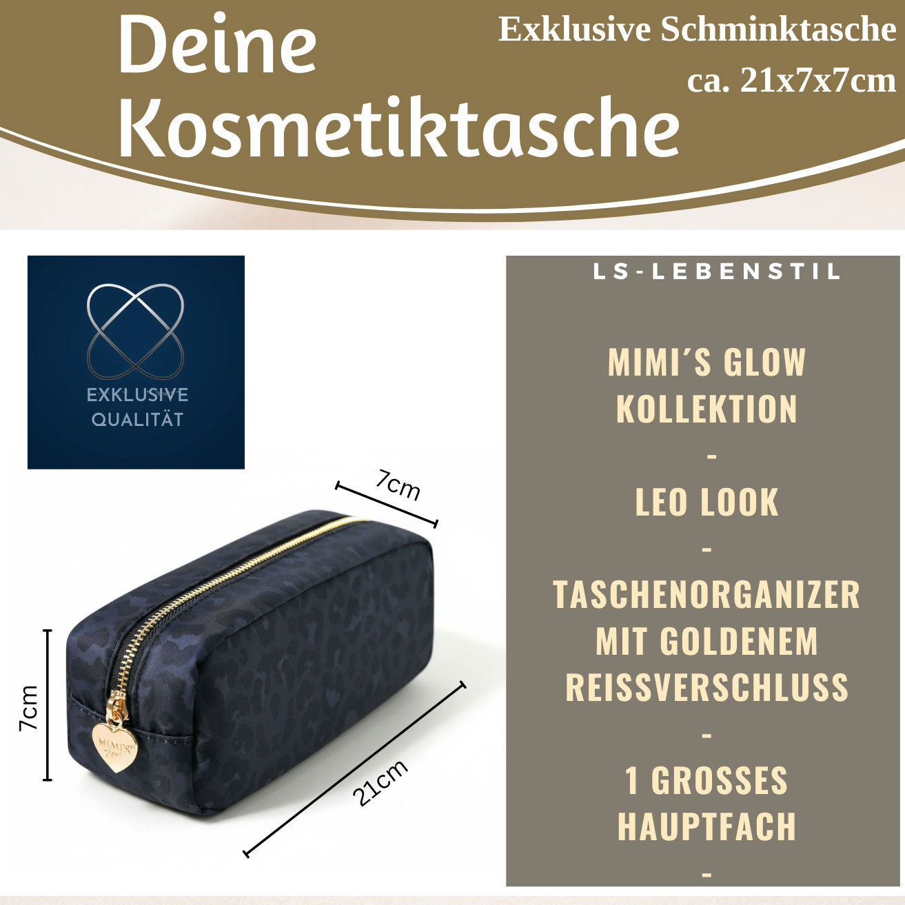 Mimi's Glow Suki Kosmetiktasche 21x7cm Leo Grau Schwarz