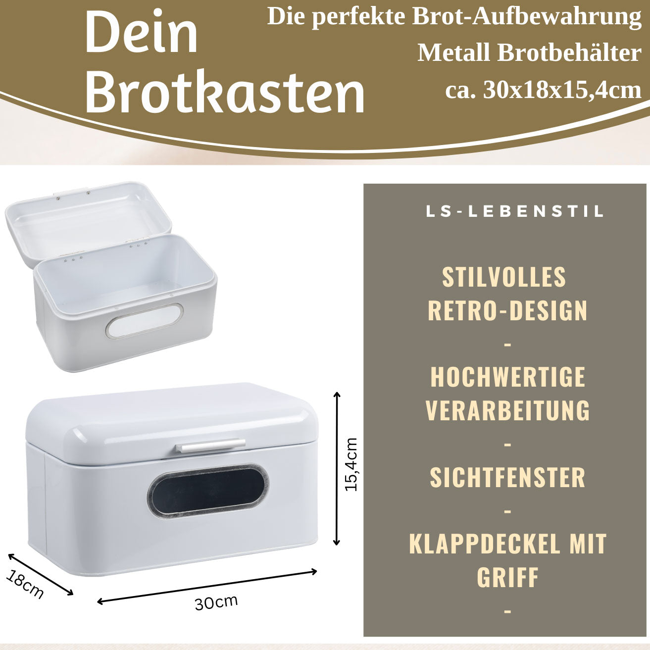 LS-LebenStil Vintage Brotkasten Weiß Metall 30cm mit Deckel