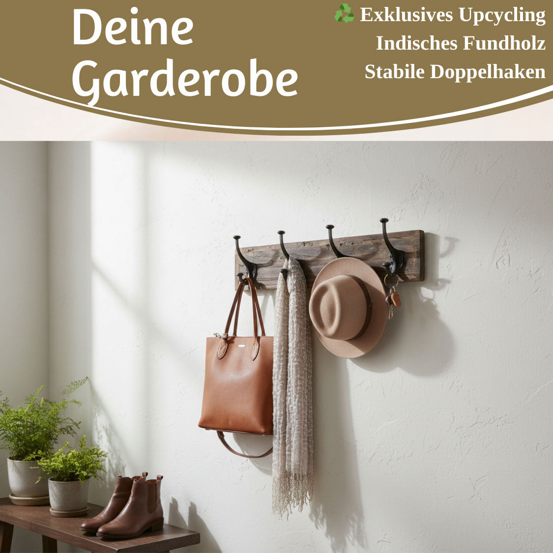 LS-LebenStil Dehli Wandgarderobe Teak Braun 50cm 4 Haken