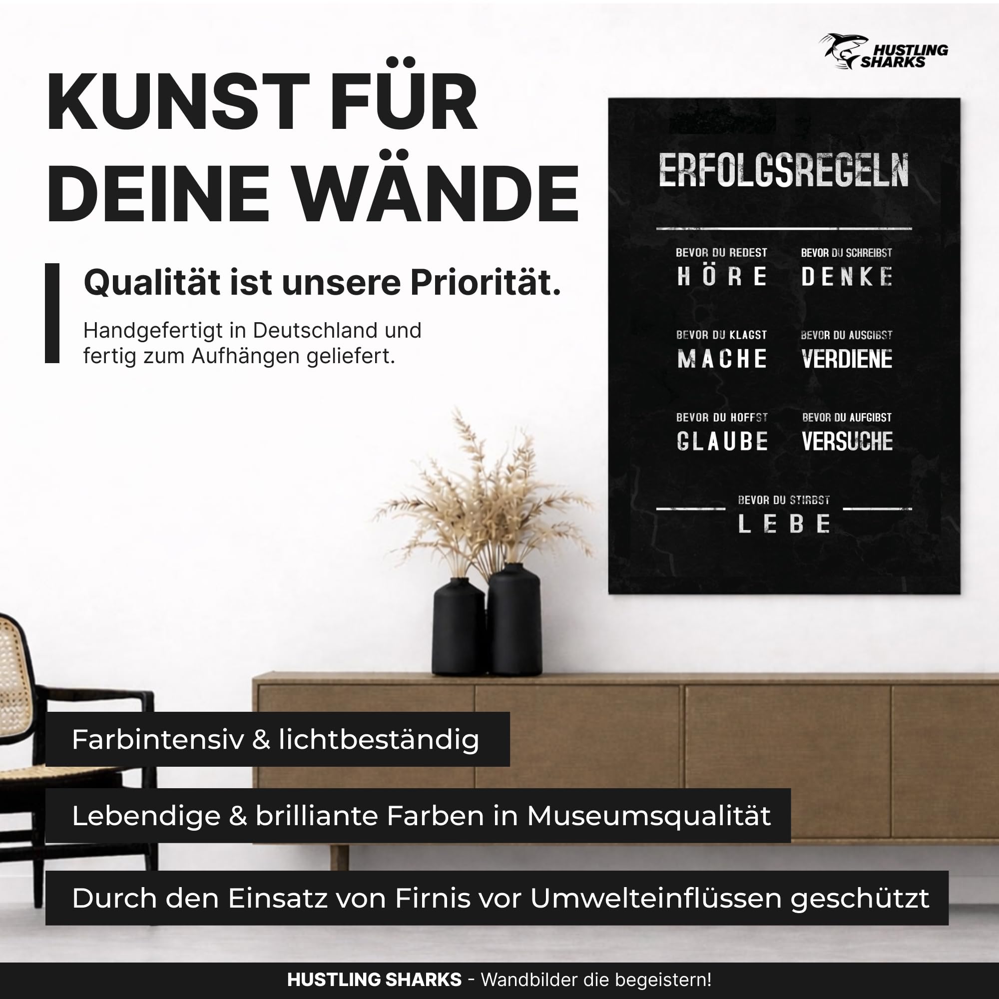 Hustling Sharks Wandbilder Erfolgsregeln Leinwand 30x40 schwarz