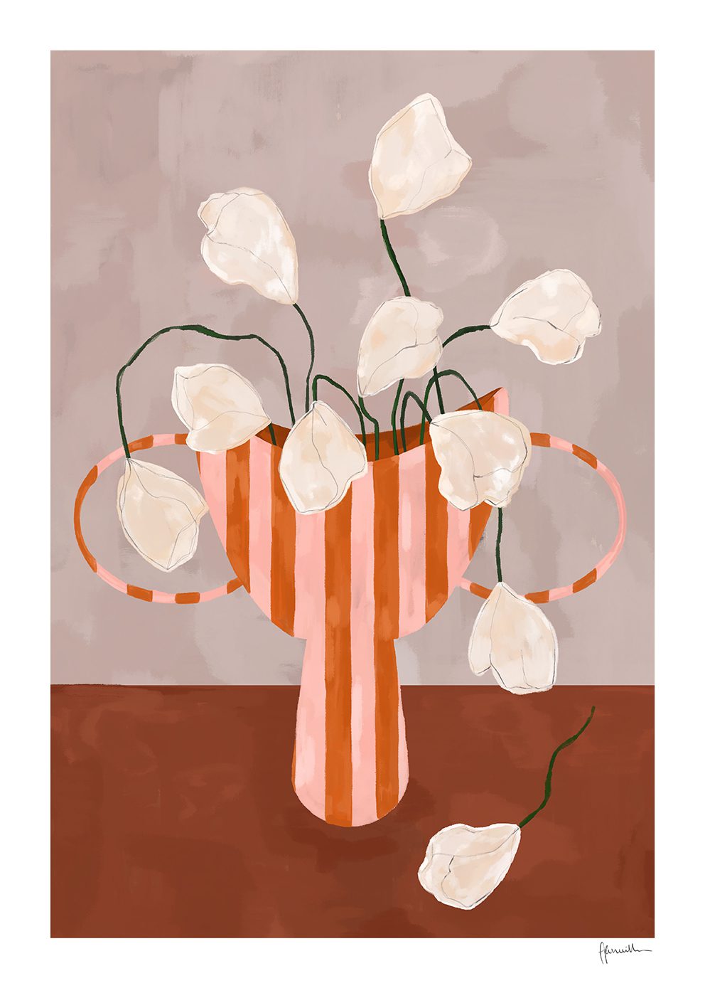 The Poster Club Art Prints White Flowers in Striped Vase Poster A4 weiß