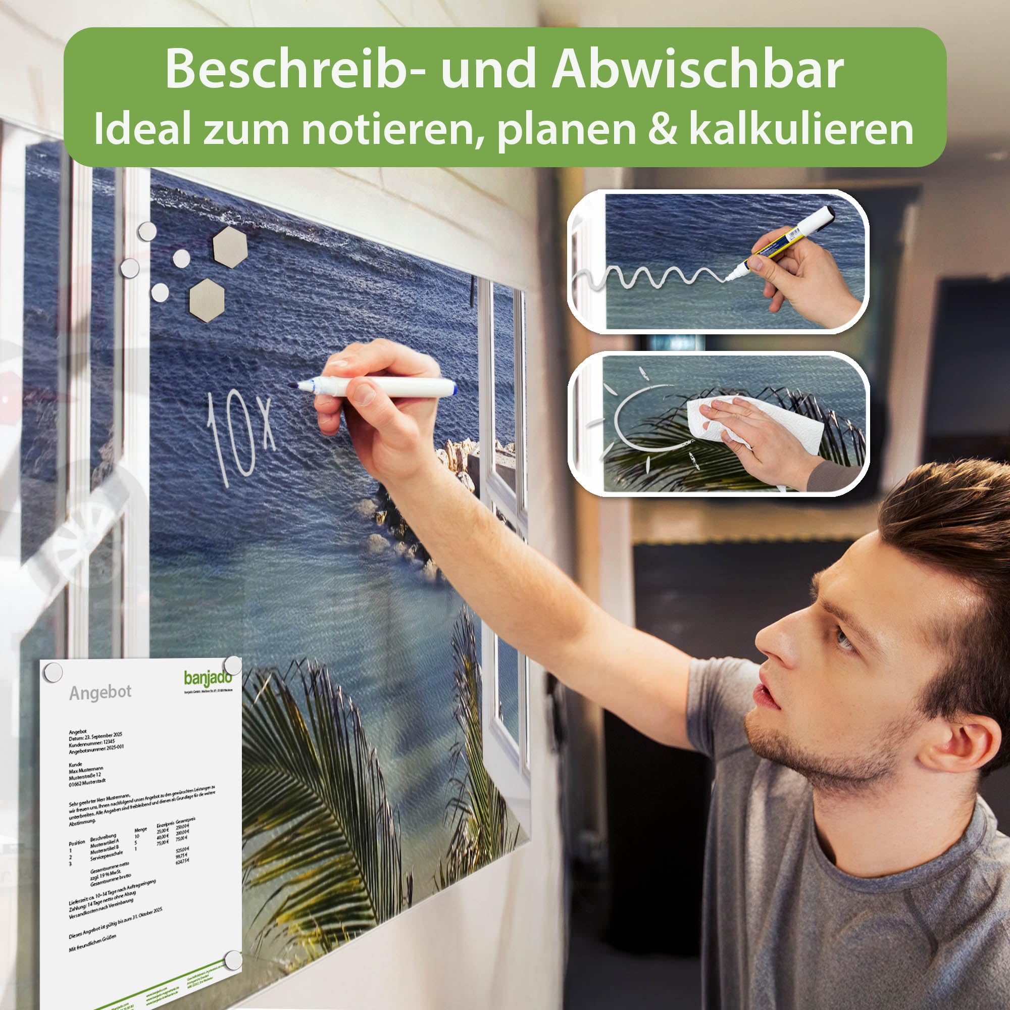 Banjado Magnettafel Fensterpanorama 120x80 cm Glasmagnettafel Meer