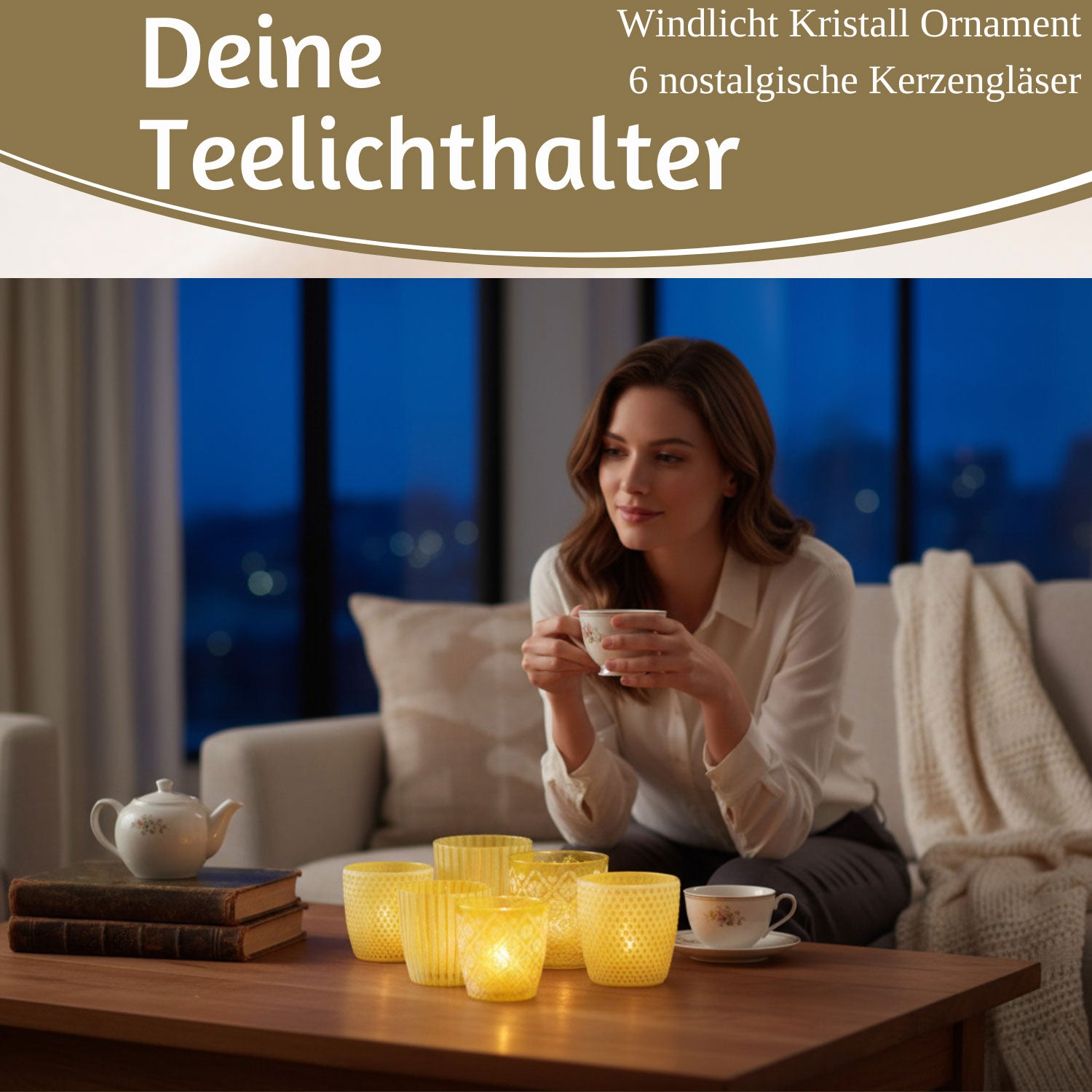 Boltze Teelichthalter Glas Retro gelb 7-9cm 6er Set Windlicht