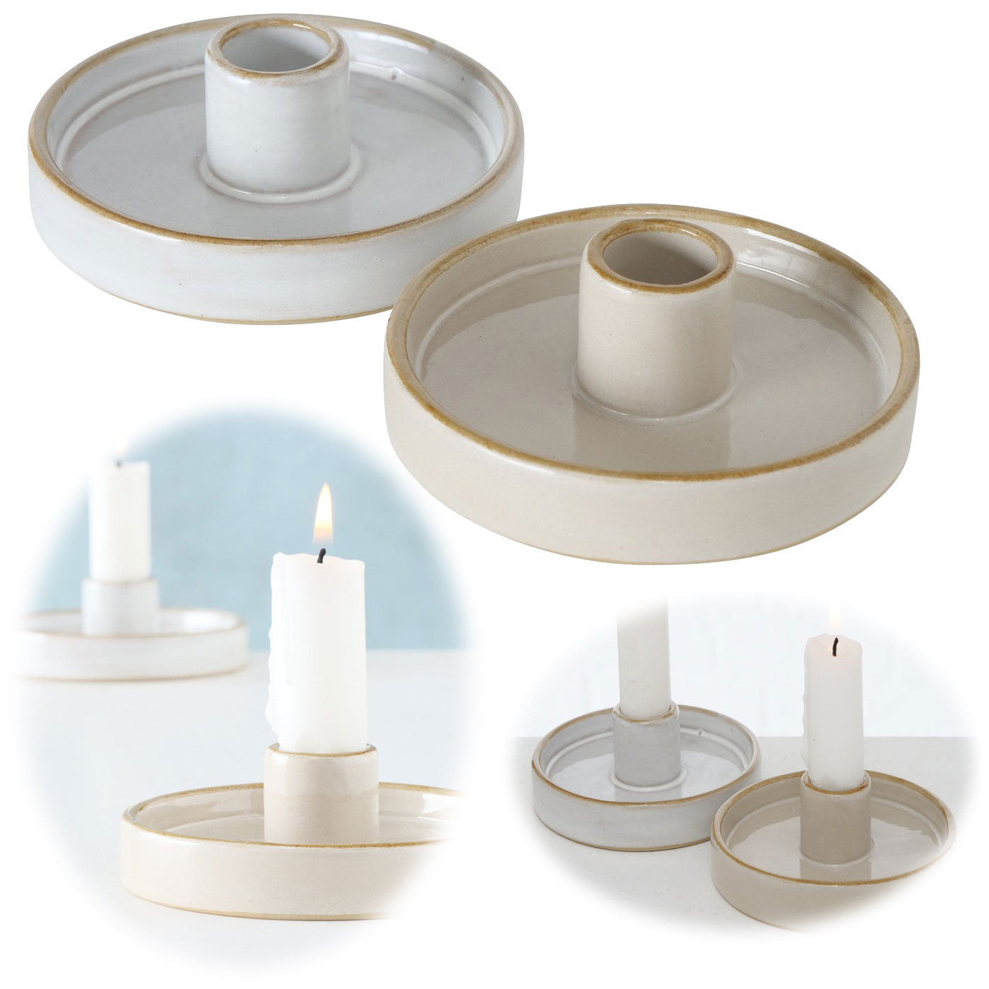 LS-LebenStil Keramik Kerzenständer 2er Set 10cm Beige Grau
