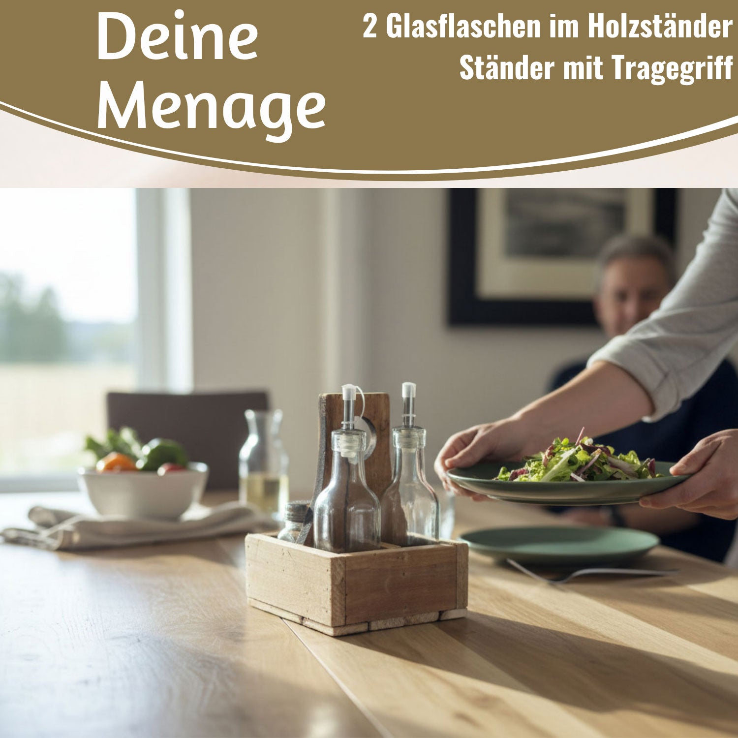 Holz Menage Essig-Öl-Spender Set 5-teilig 200ml mit Streuern