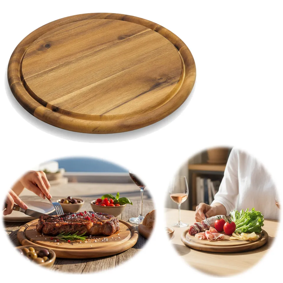 LS-LebenStil Akazie Fleischteller 25cm rund Servierbrett Saftrille