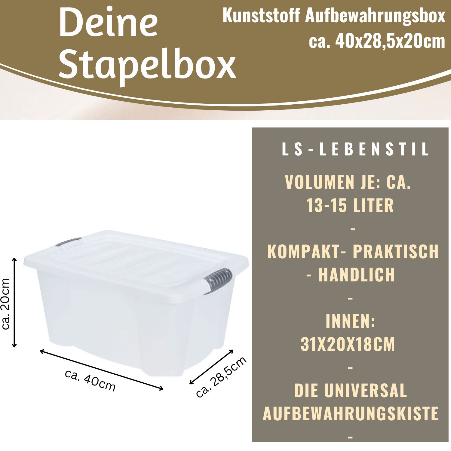 XL Stapelbox Allzweckbox transparent 15 L mit Deckel 40 cm
