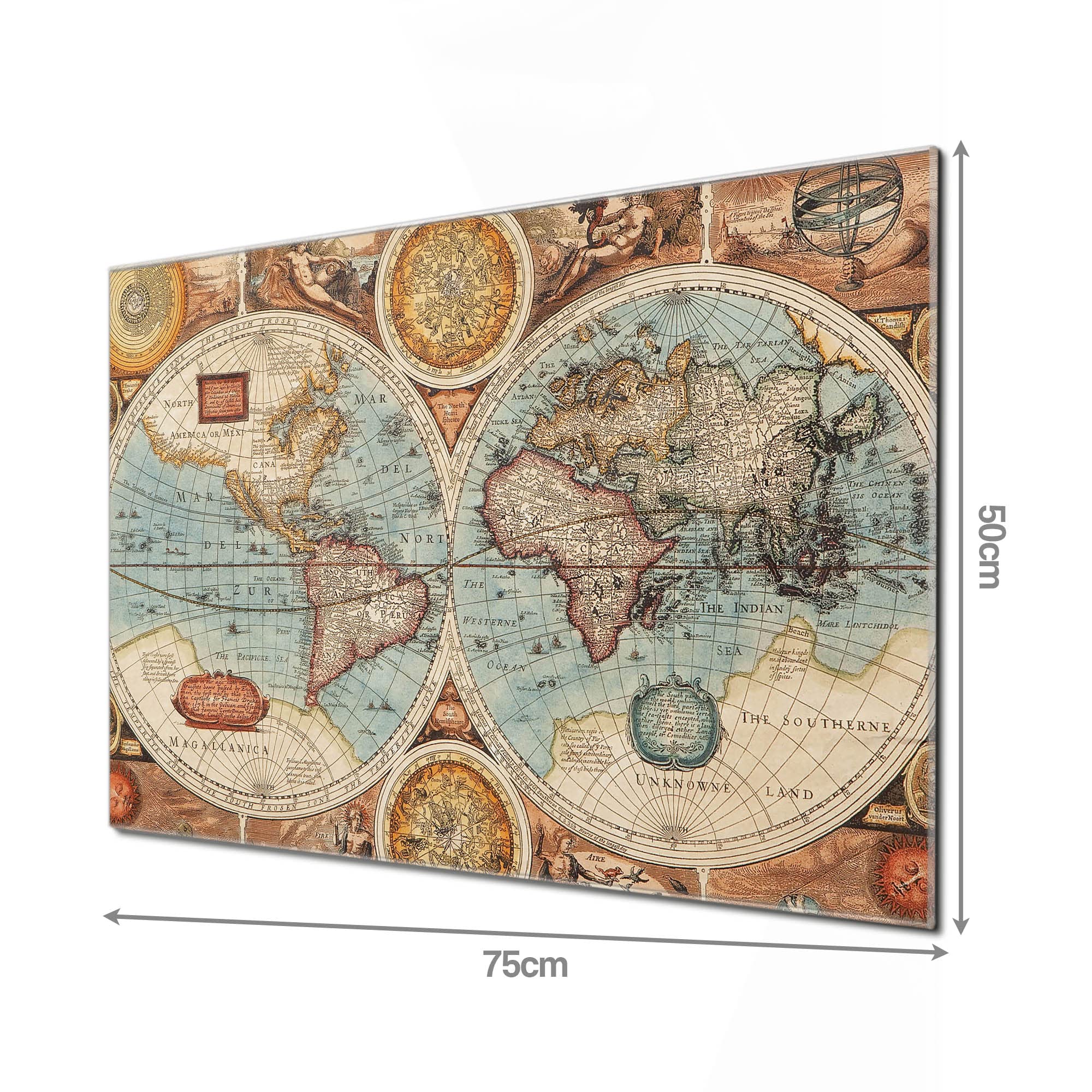 Banjado LED-Bild Historische Weltkarte Glasbild 75x50 cm Wohnzimmer