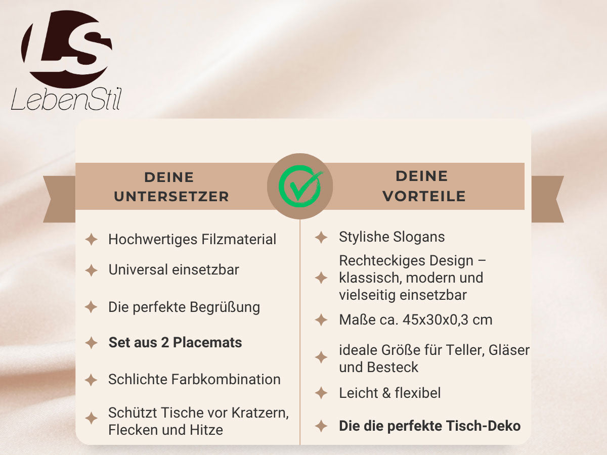 Happy Tischset Filz Dunkel-Grau 45x30 cm 2er Set Rechteckig