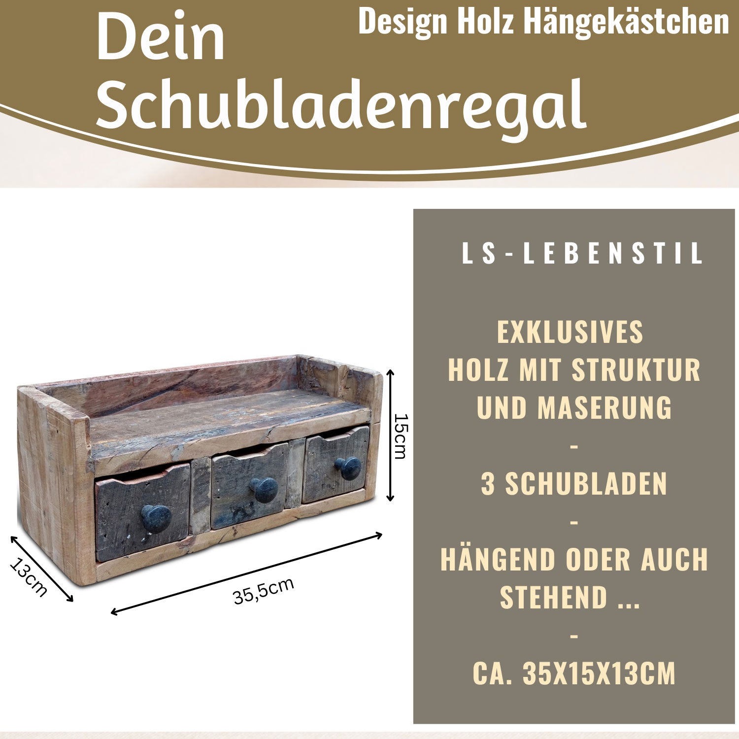 LS-LebenStil Küche & Haushalt Hängeregal Dehli 30cm 3 Schubladen