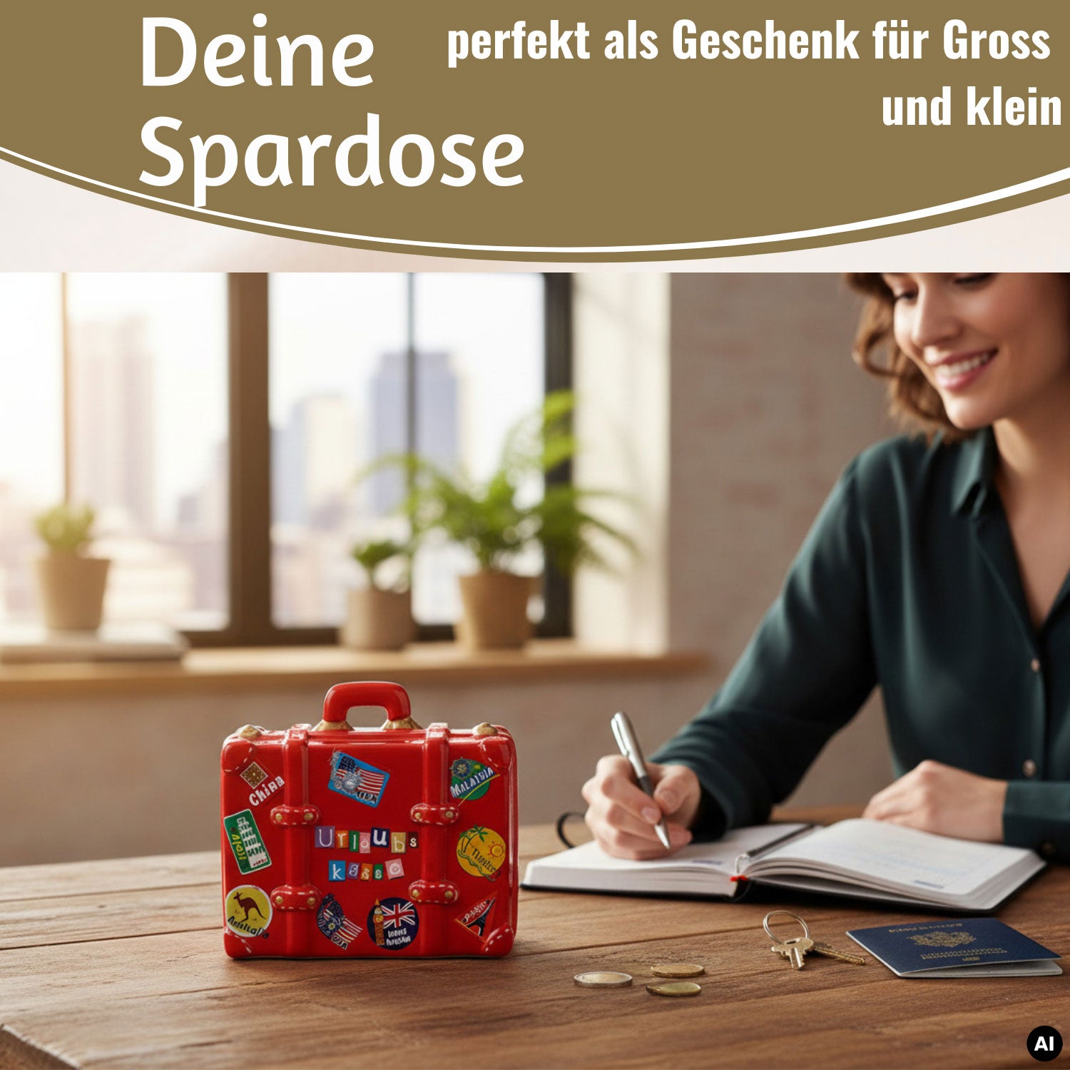 LS-LebenStil Urlaubskasse Sparschwein Koffer Rot Keramik