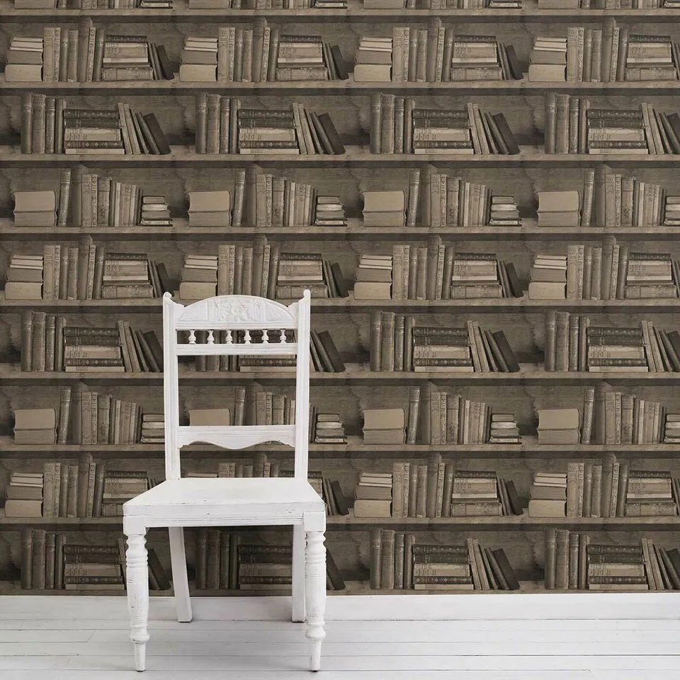 Mineheart Wallpaper Sepia Bookshelf Tapete Bücherregal sepia