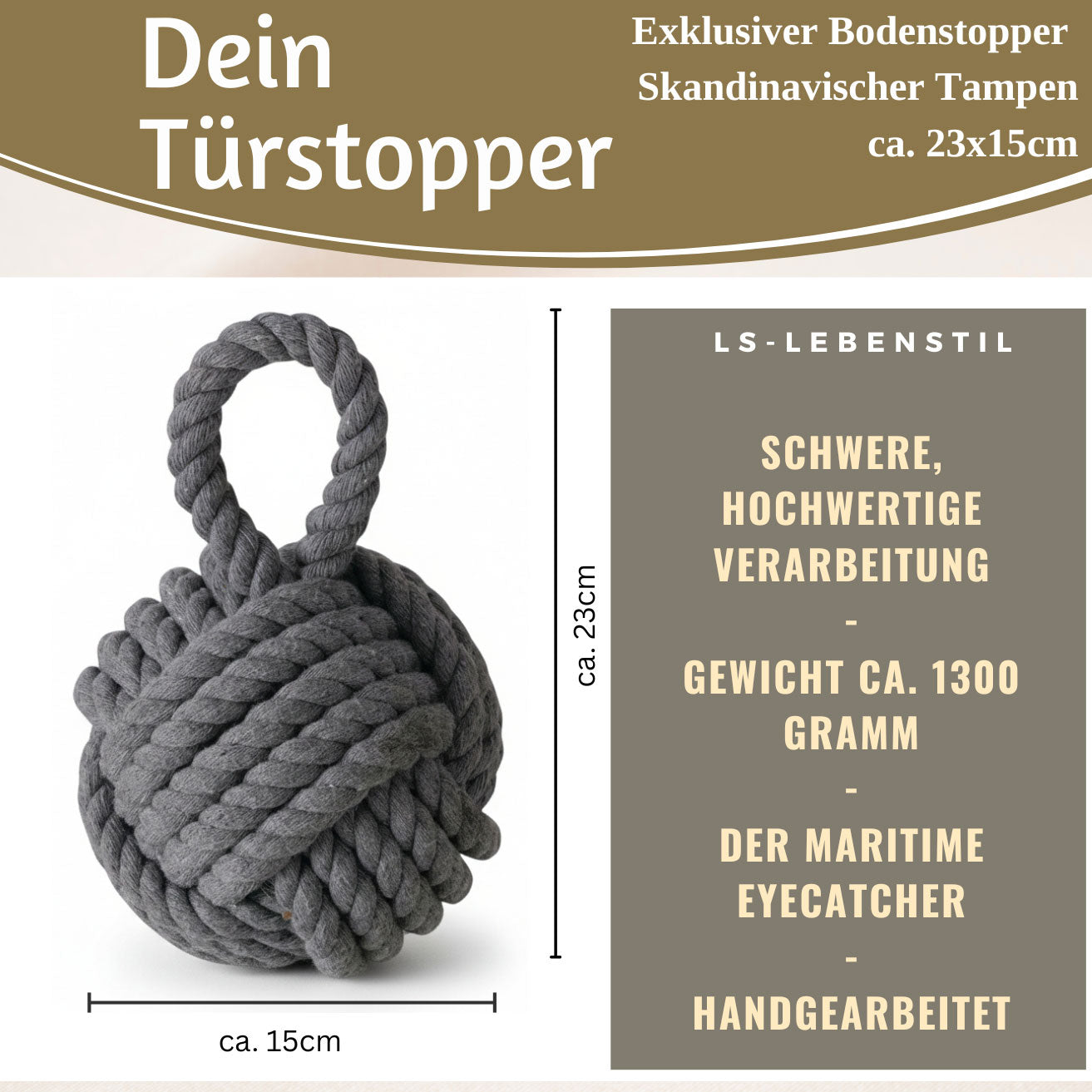 LS-LebenStil Möbel & Wohnen Türstopper Malmö Grau 23cm 1,3kg