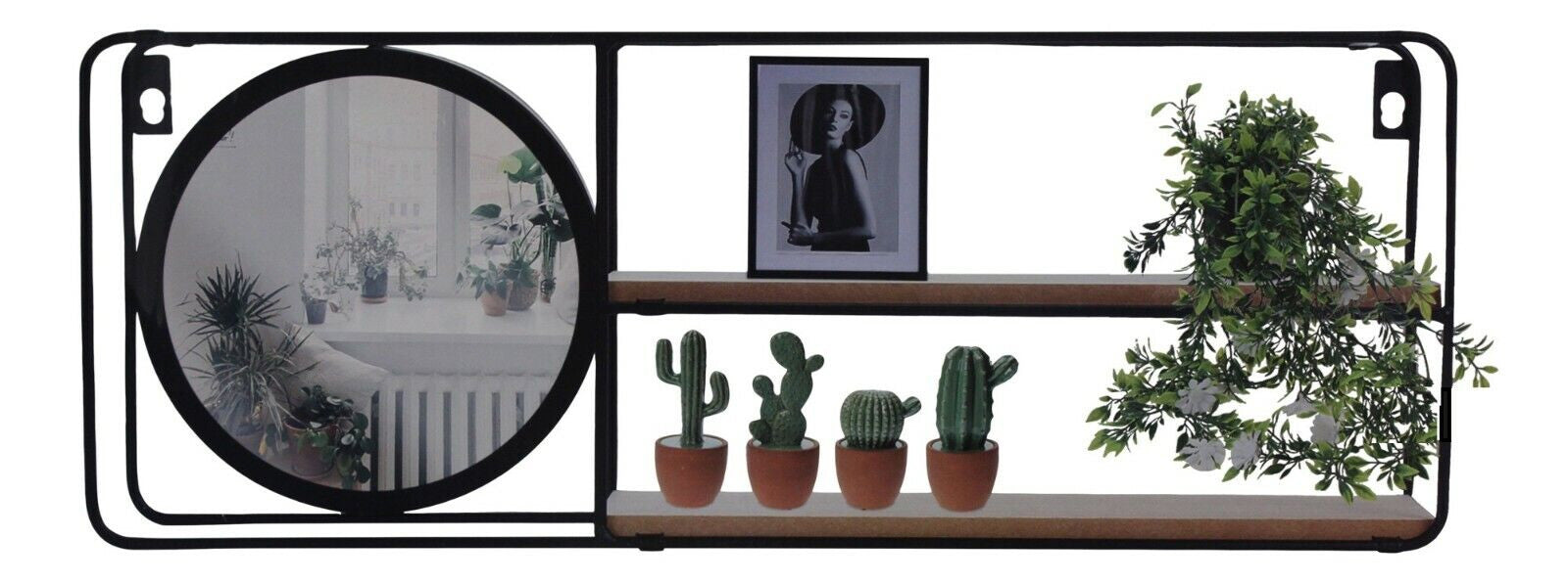 LS-LebenStil Mirror Wandregal mit Spiegel 50cm Schwarz 2 Ablagen
