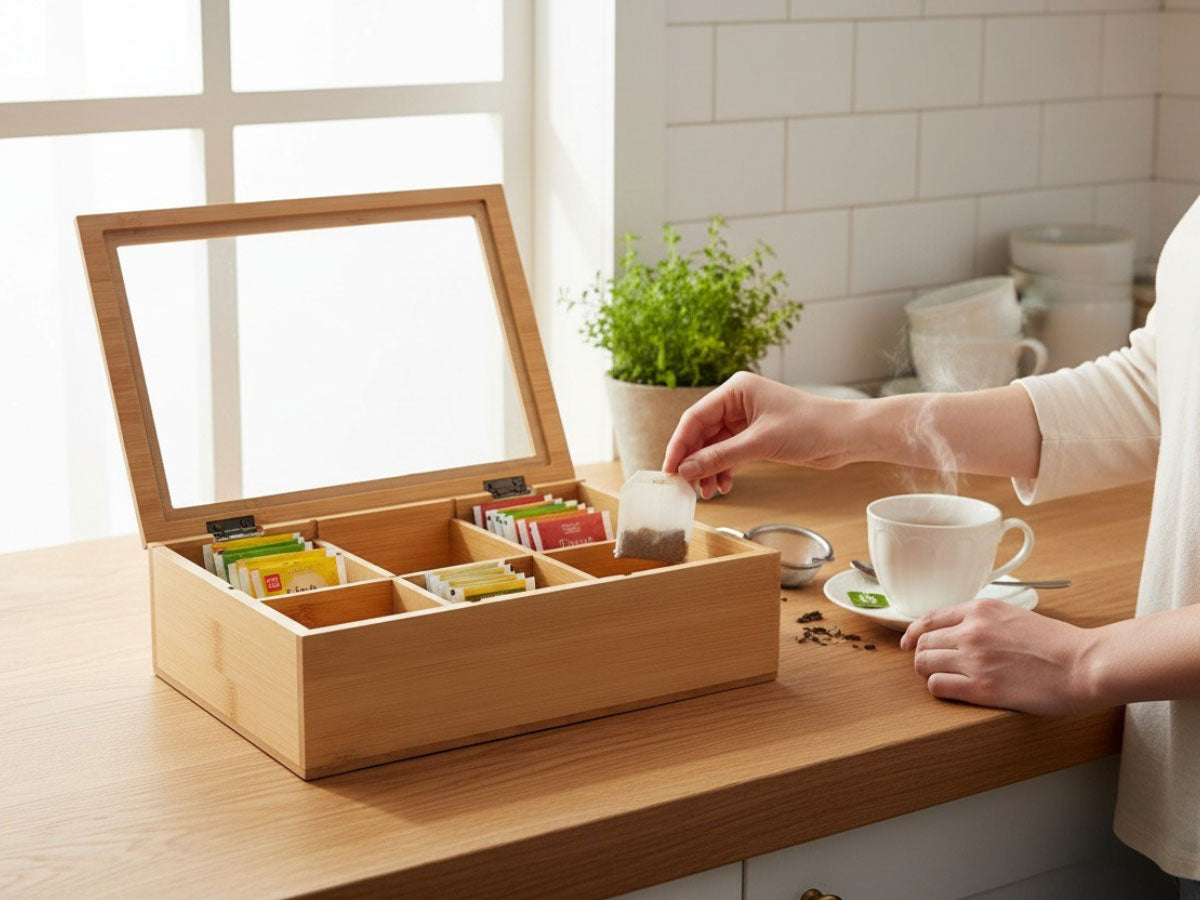 LS-LebenStil Teebox Bambus Holzbox 6 Fächer mit Deckel