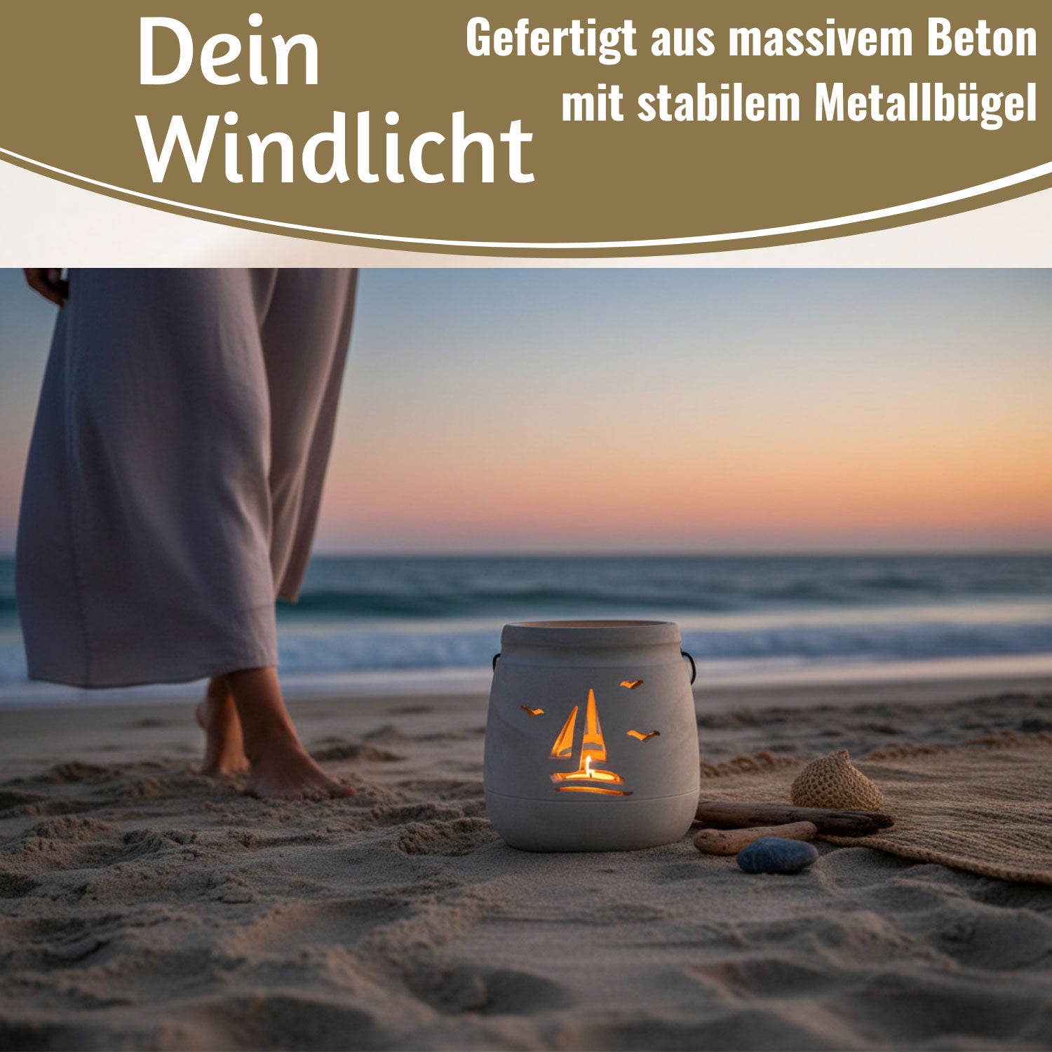 LS-LebenStil Windlicht Segelboot 13cm Beton Grau Shabby Teelicht