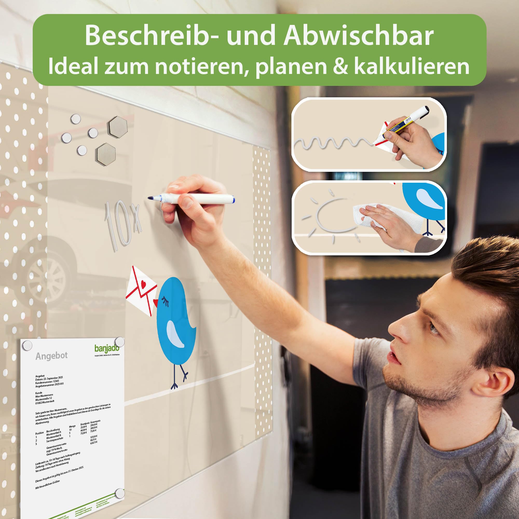 Banjado Magnettafel Liebesbrief Glas-Memoboard 120x80 cm