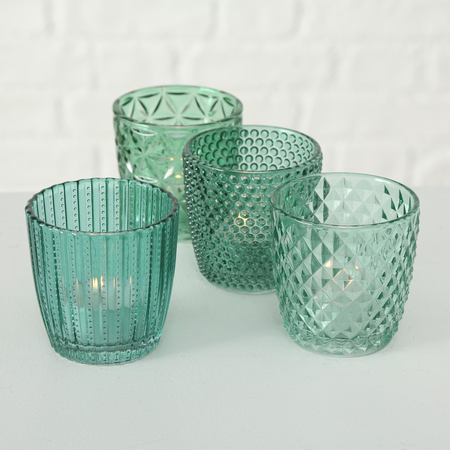 LS-LebenStil Teelichthalter Glas Retro Petrol 7cm 4er Set