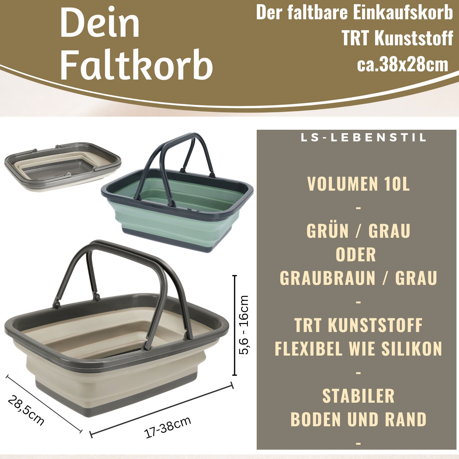 LS-LebenStil Einkaufskorb 10L faltbar 38x28cm mit Griff