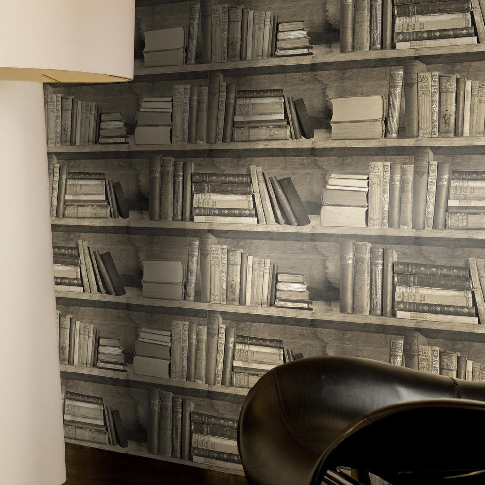 Mineheart Wallpaper Sepia Bookshelf Tapete Bücherregal sepia