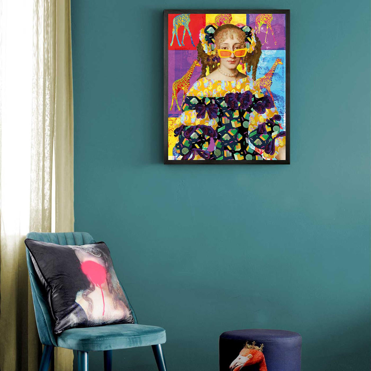 Mineheart Pop Giraffe and Sunglasses Lady Wandbild 30x41 cm