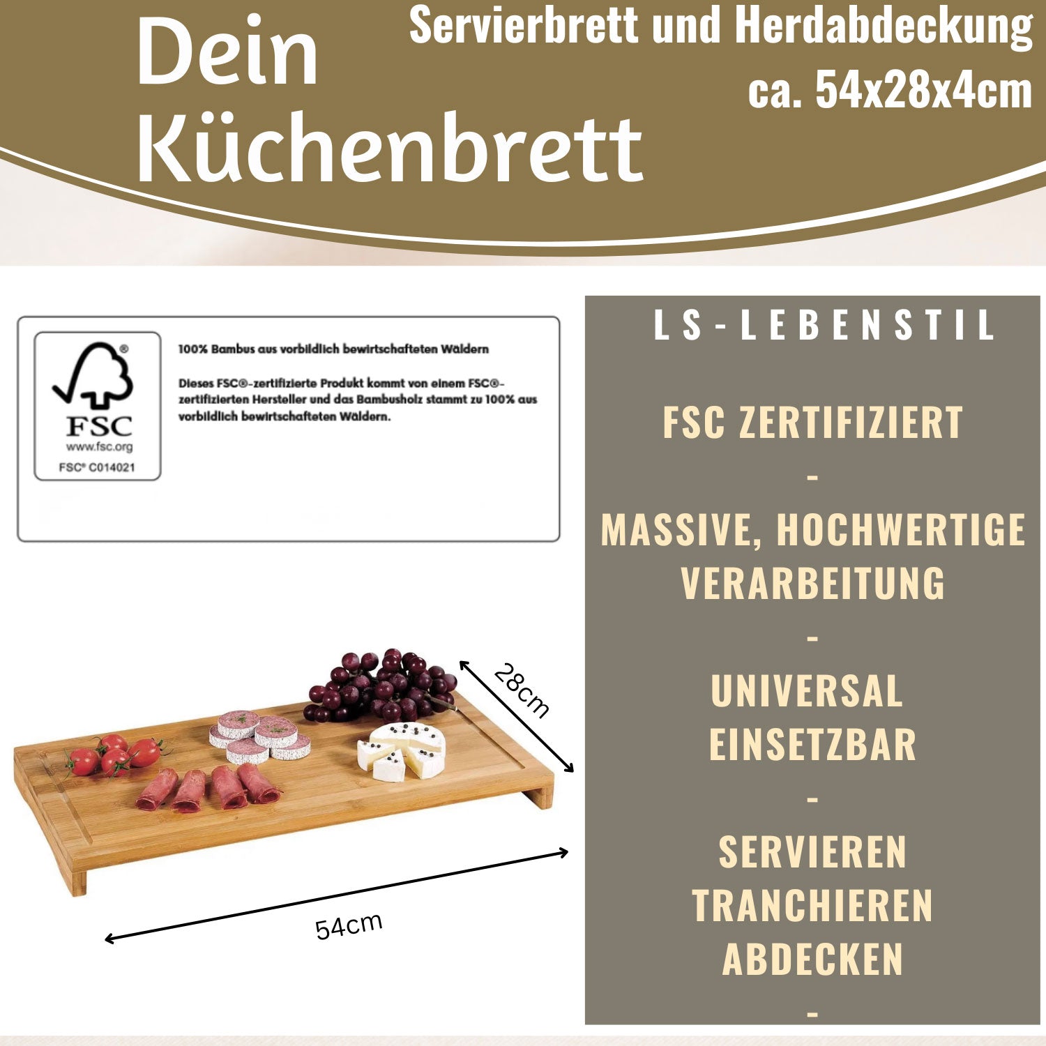 LS-LebenStil Küche & Haushalt Schneidebrett Bambus 54x28cm Saftrille