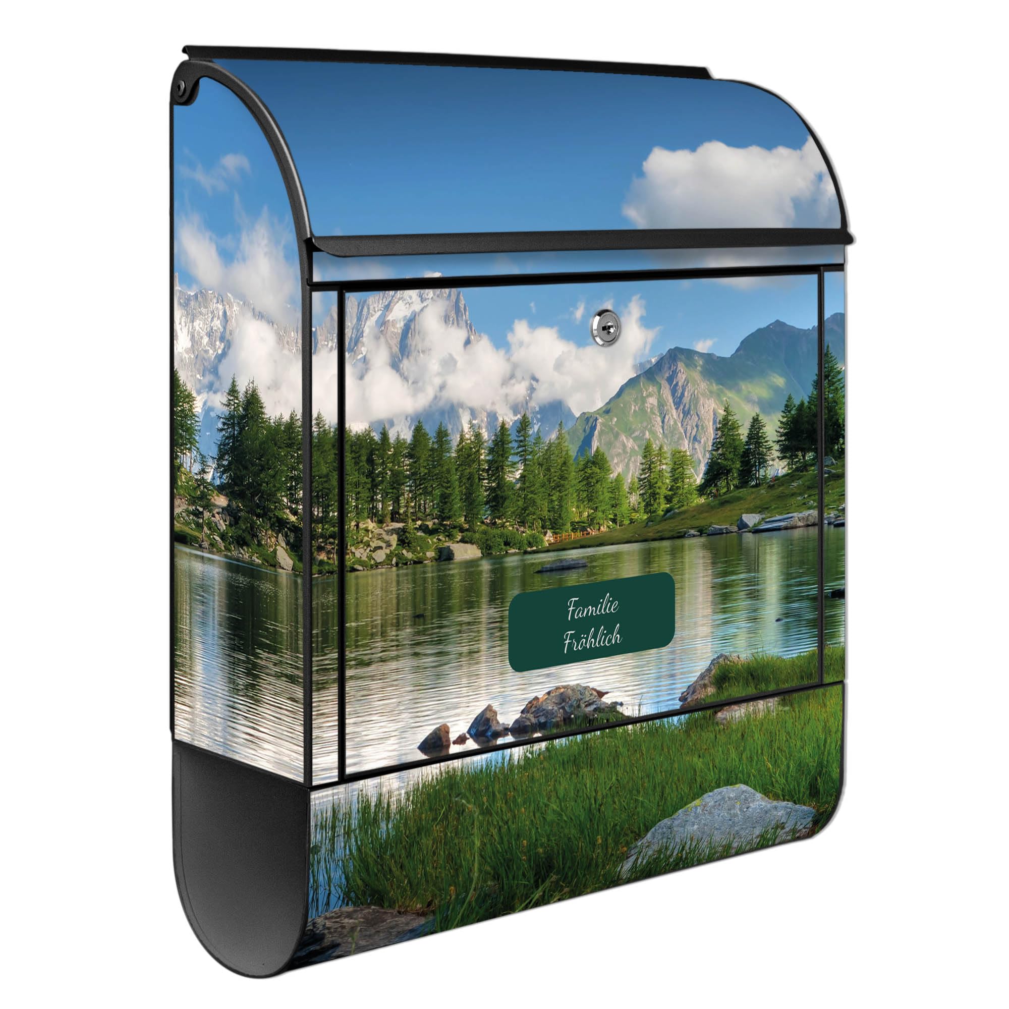 Banjado Briefkasten Gebirgssee Postkasten Schwarz mit Name A4