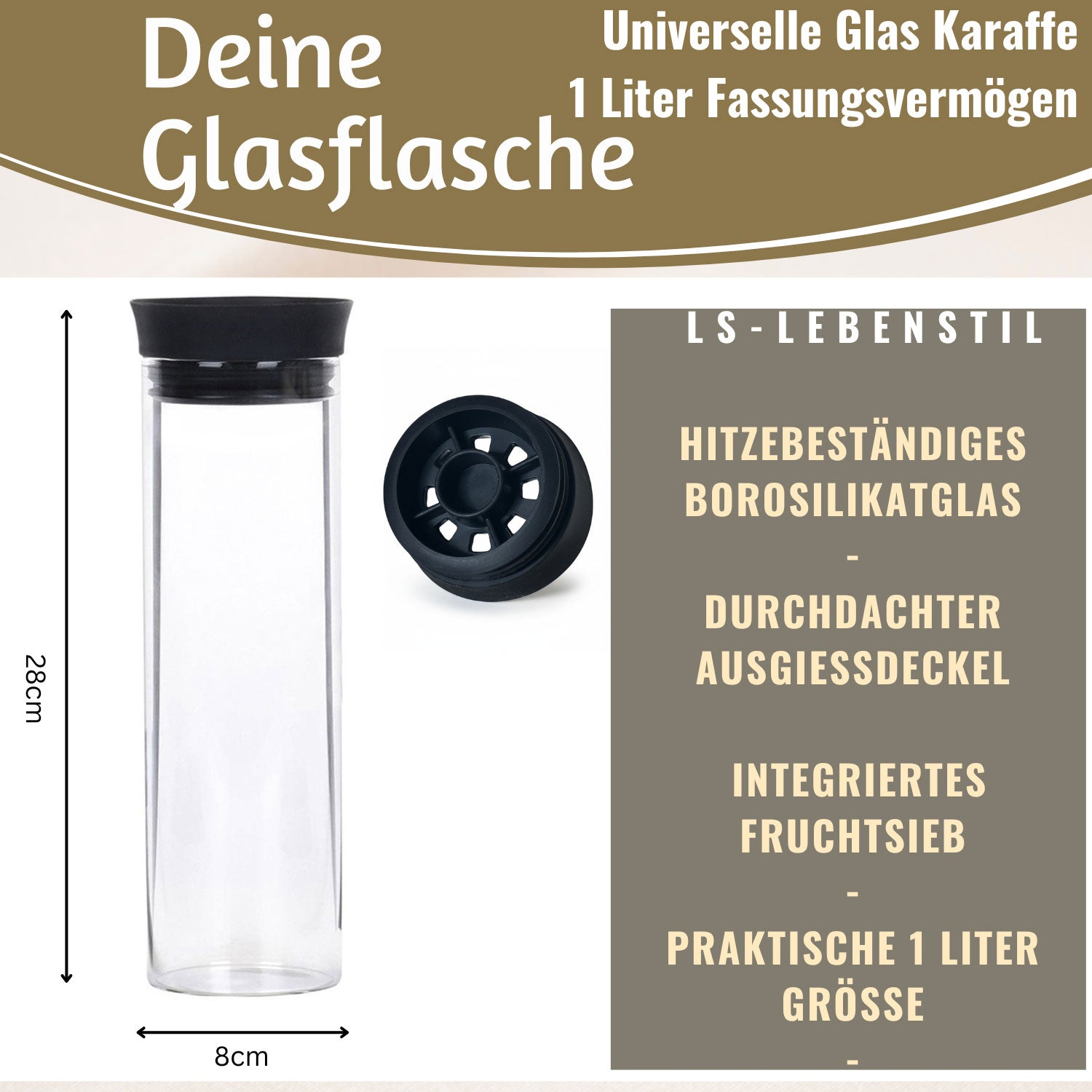 LS-LebenStil Küche & Haushalt Wasserkaraffe 1L Glaskaraffe 2er Set Sieb