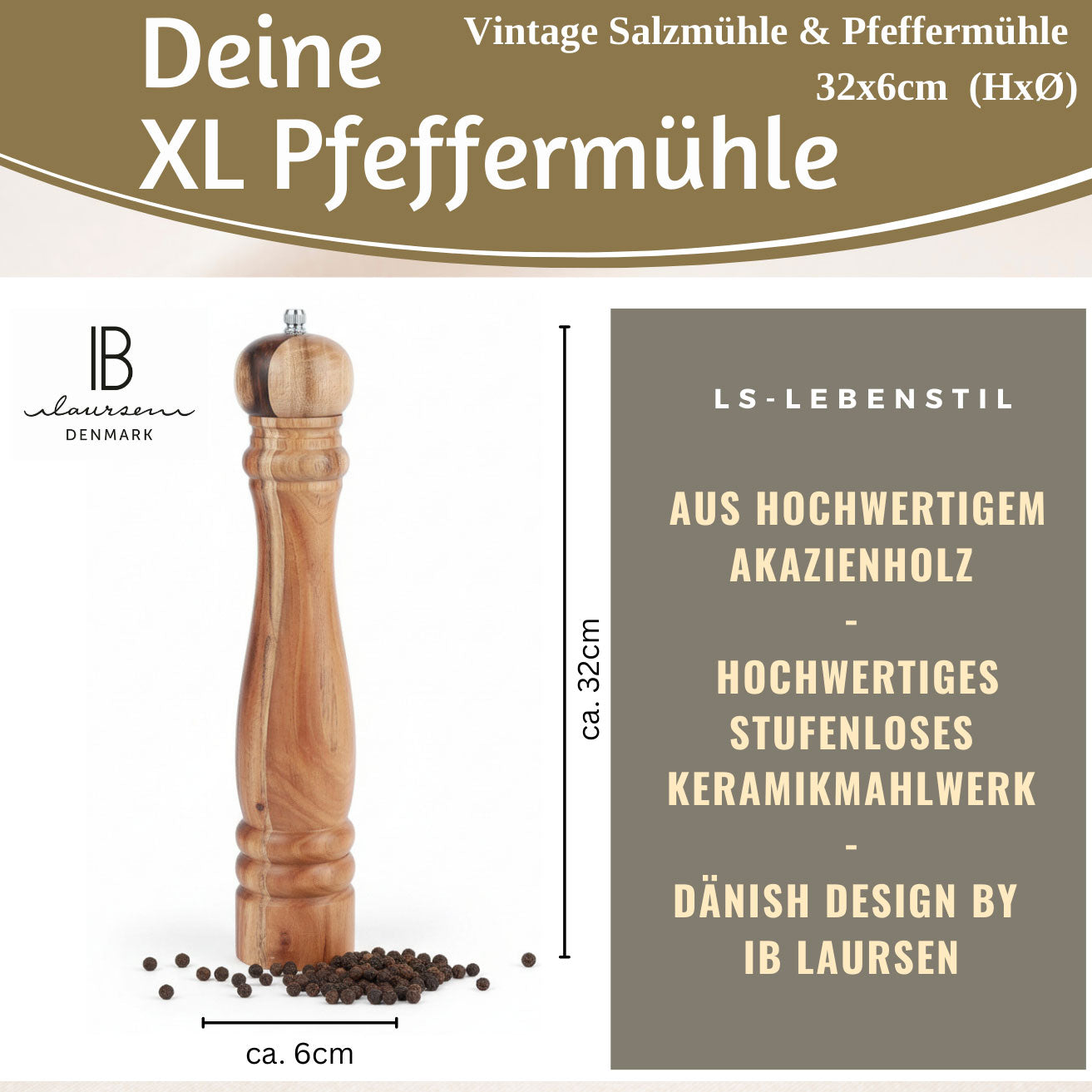 LS-LebenStil Design XL Salzmühle Pfeffermühle Akazie 32cm