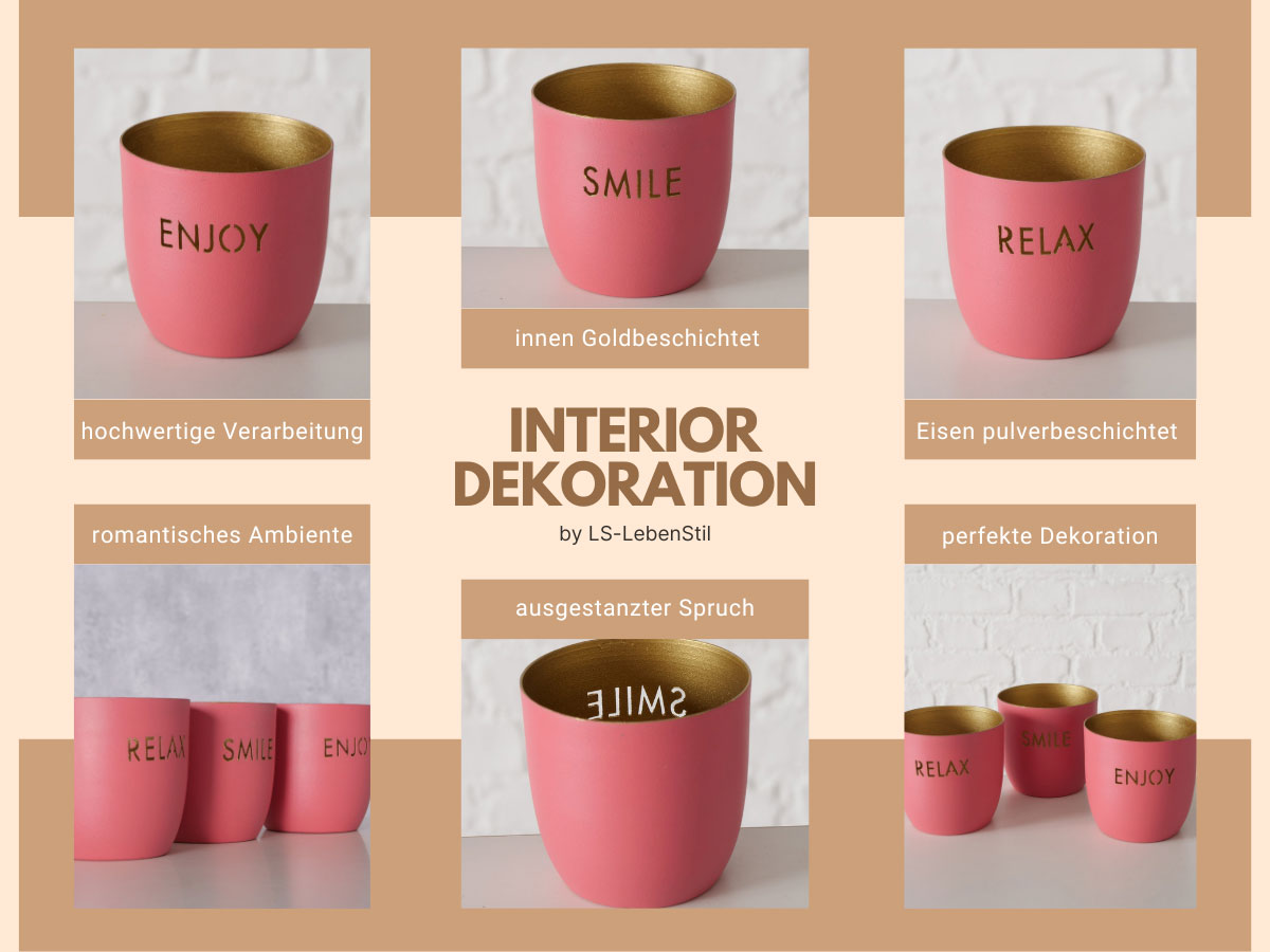 Relax Enjoy Smile Teelichthalter Metall Rosa Gold 7 cm 3er Set