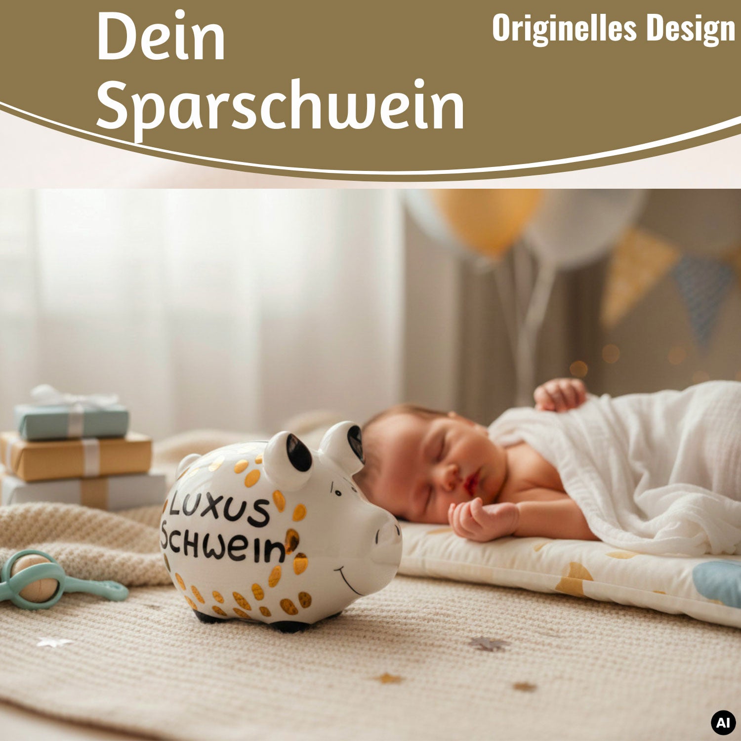 LS-LebenStil Luxus Schwein Sparschwein 12,5cm weiß gold Keramik