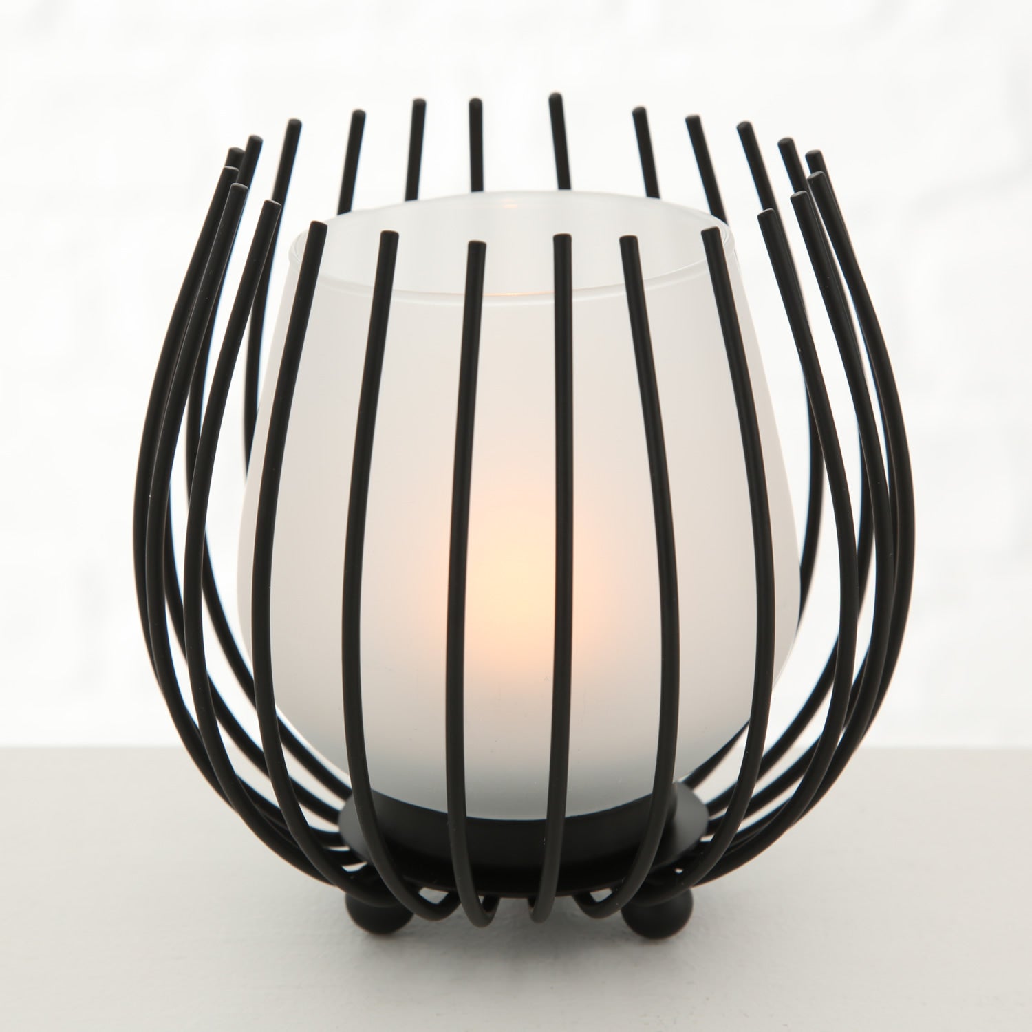 LS-LebenStil Kugel Gitter Windlicht 2er-Set Schwarz Milchglas 12cm