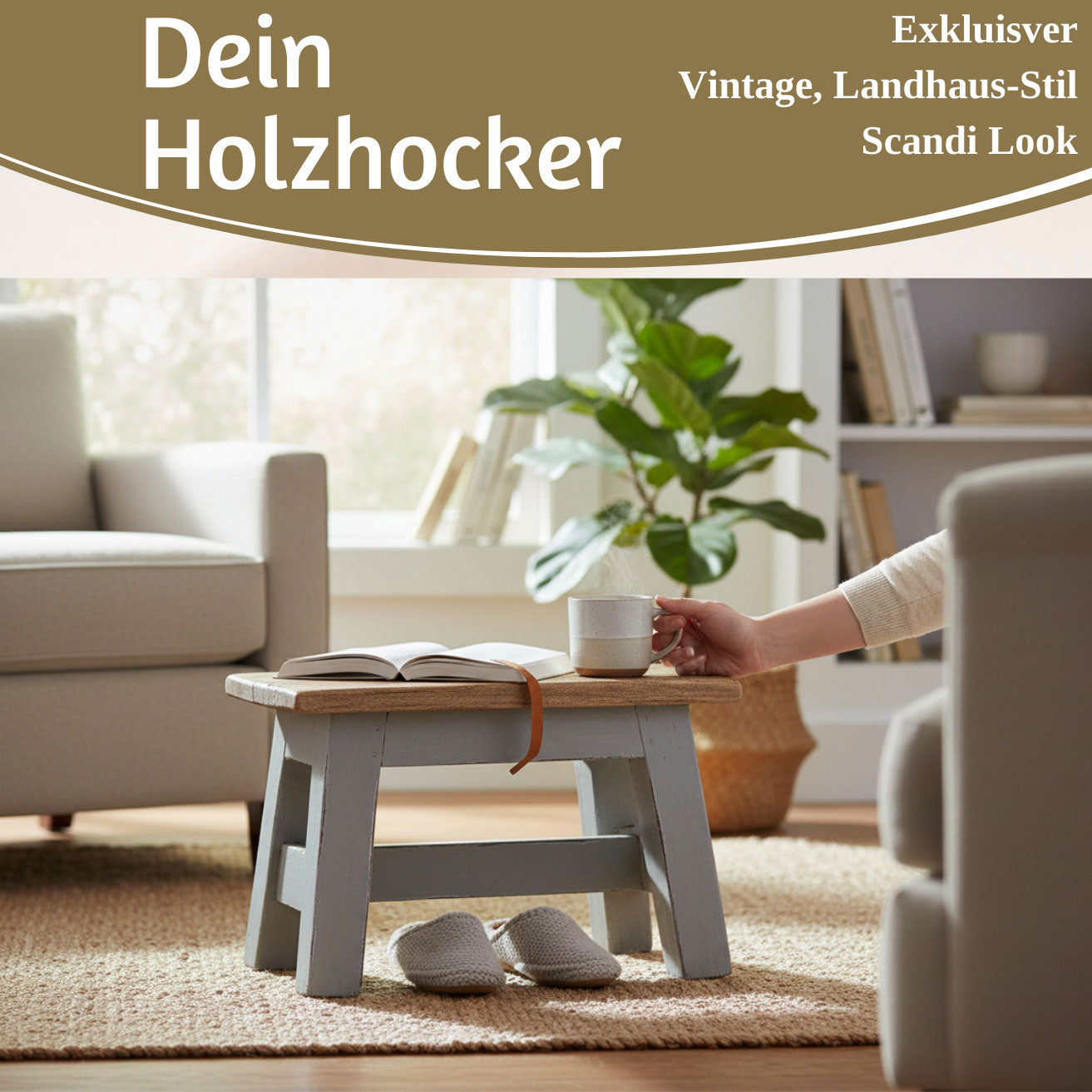 LS-LebenStil Fußhocker Holz Grau 30cm Tritthocker Schemel